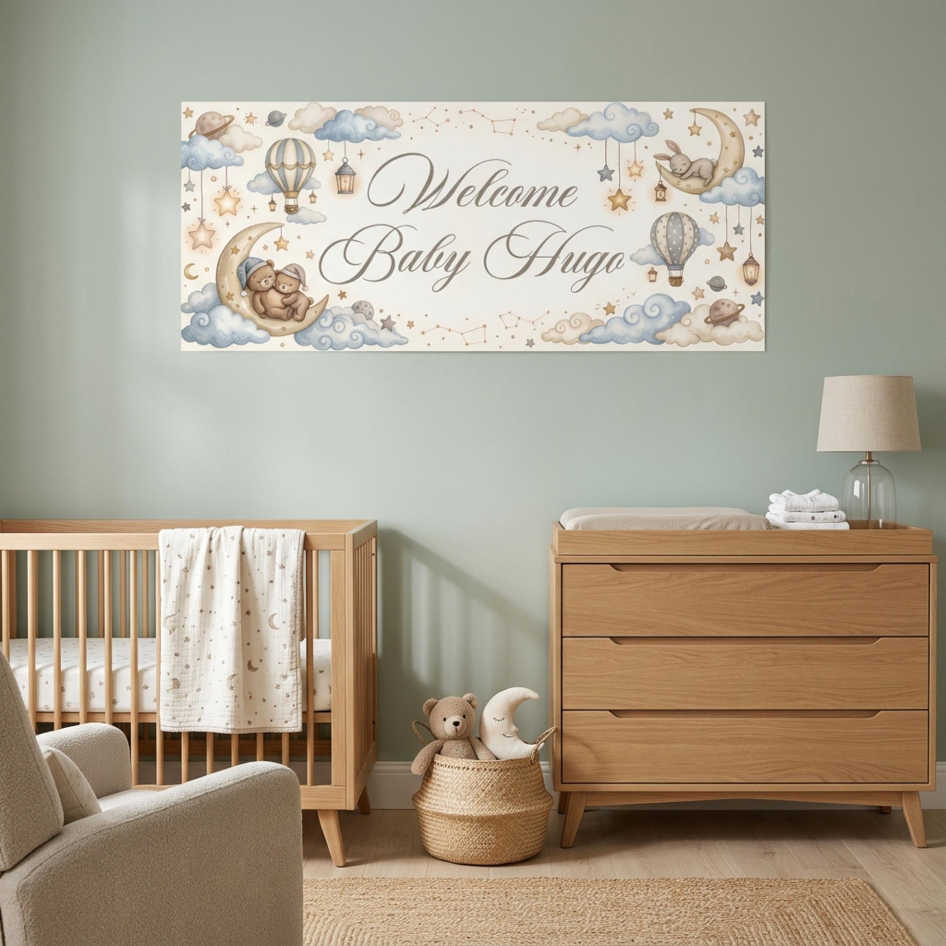 Personalised Welcome Baby Boy Banner, Custom Celestial Nursery Backdrop