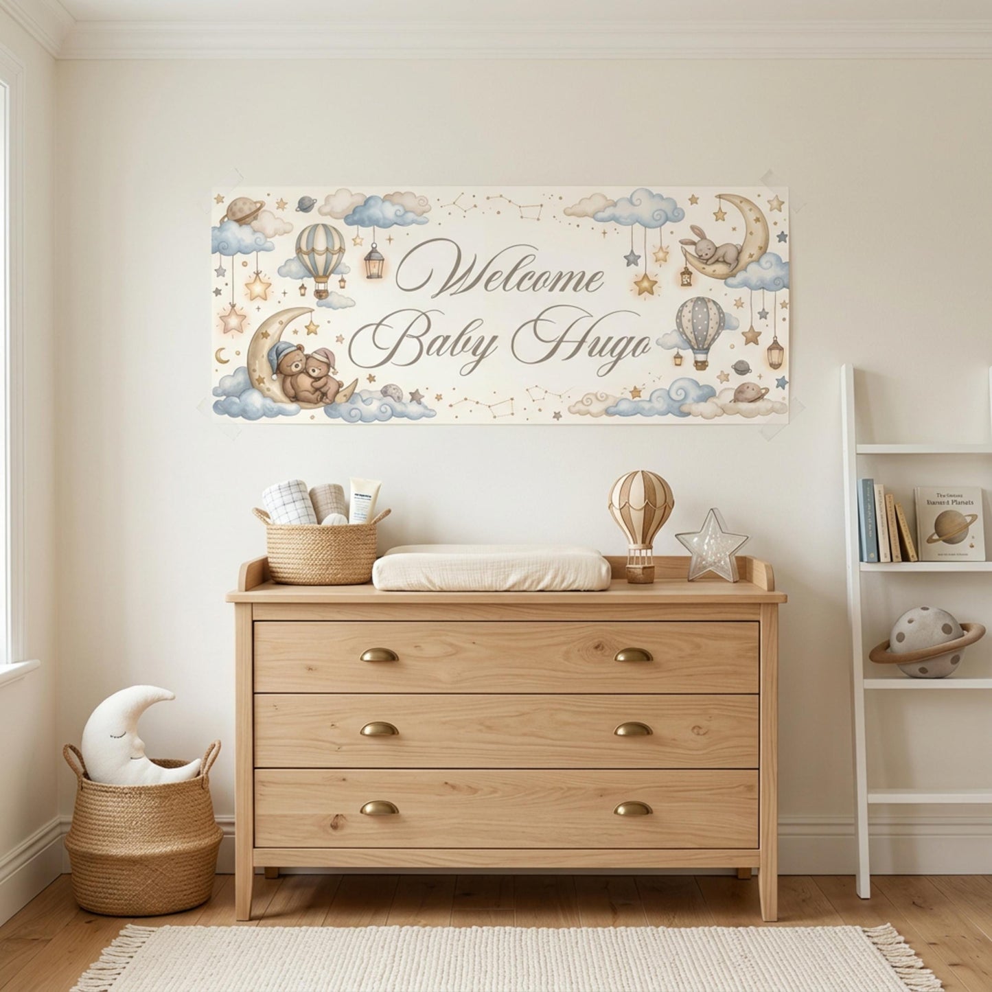 Personalised Welcome Baby Boy Banner, Custom Celestial Nursery Backdrop