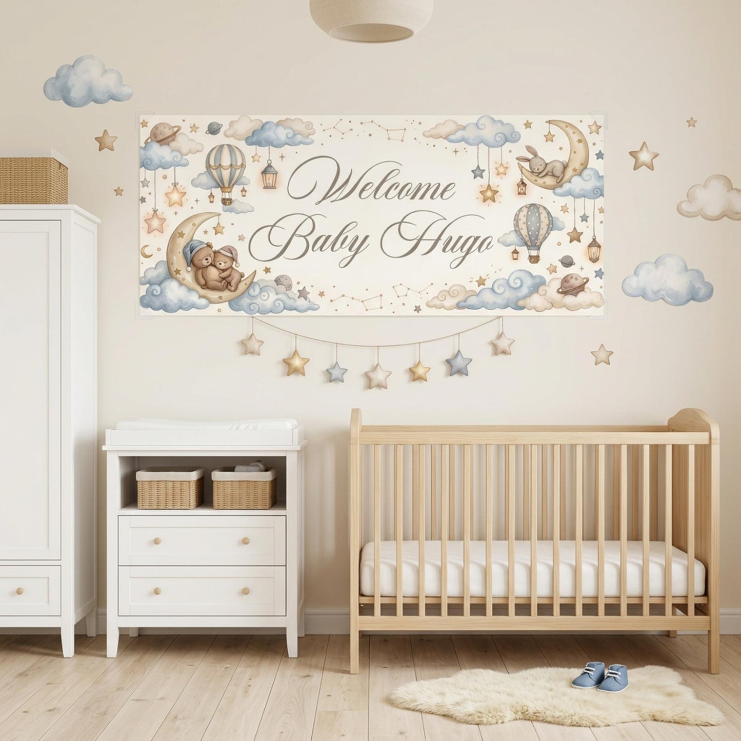 Personalised Welcome Baby Boy Banner, Custom Celestial Nursery Backdrop
