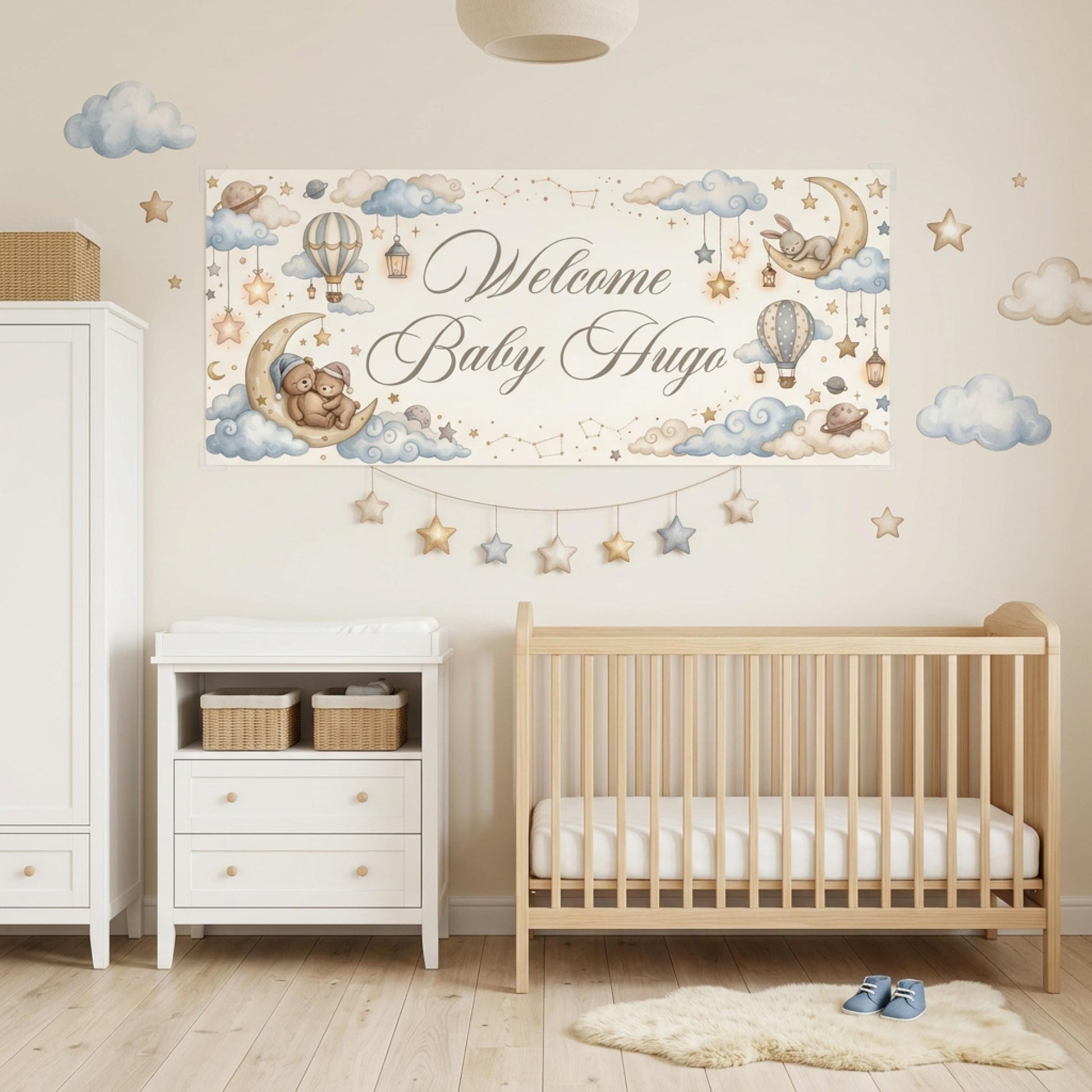 Personalised Welcome Baby Boy Banner, Custom Celestial Nursery Backdrop