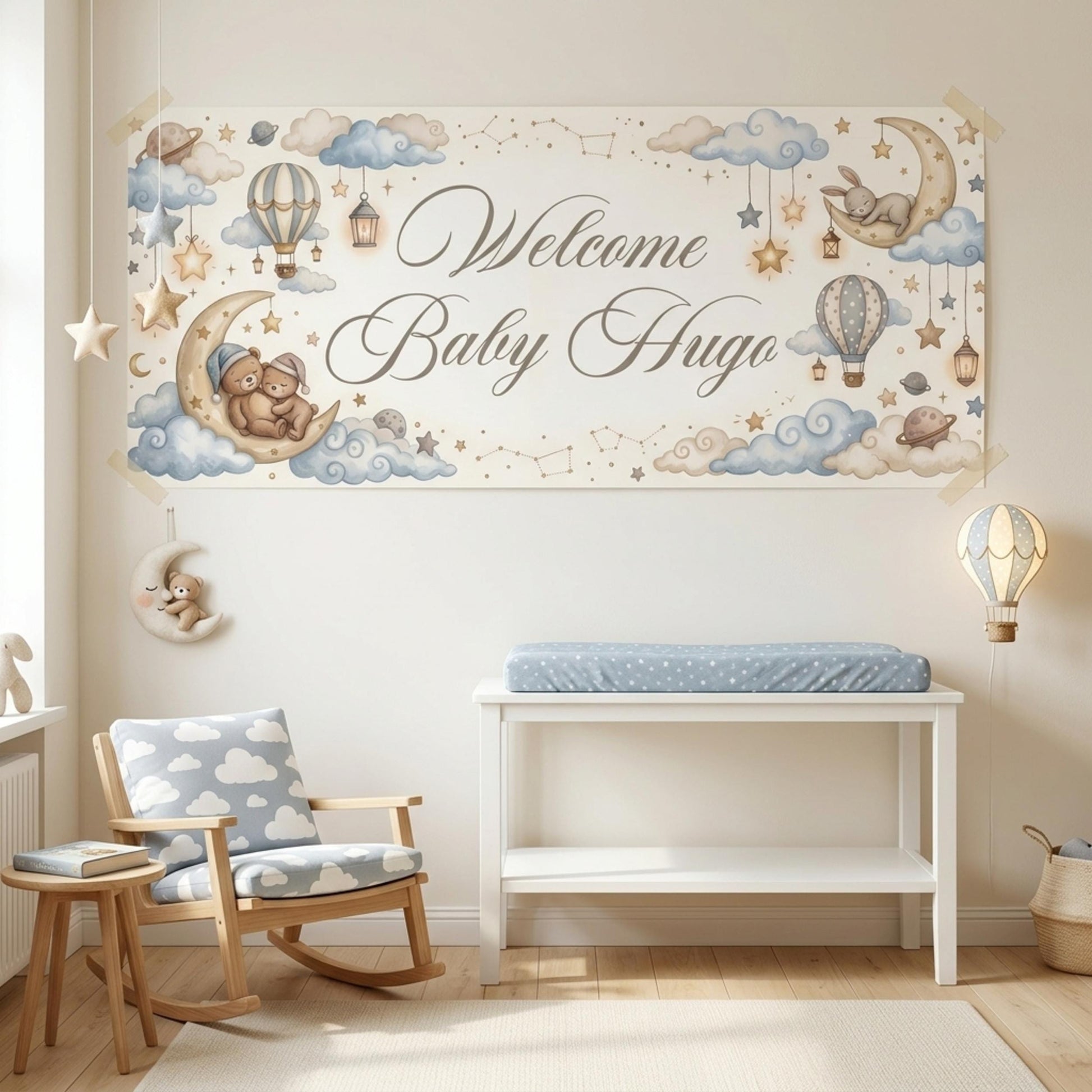 Personalised Welcome Baby Boy Banner, Custom Celestial Nursery Backdrop