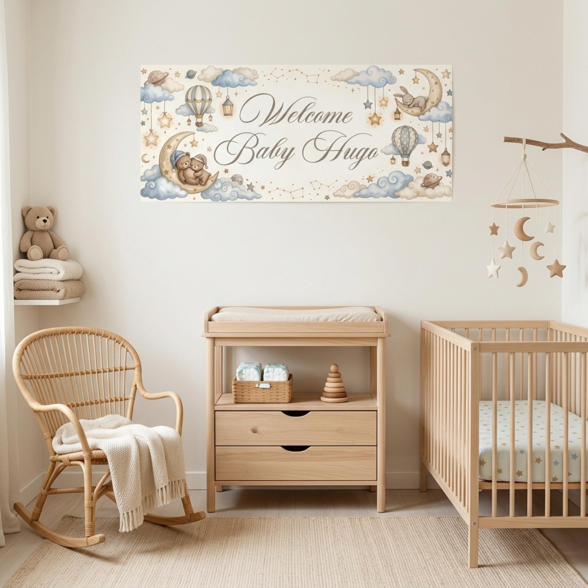 Personalised Welcome Baby Boy Banner, Custom Celestial Nursery Backdrop