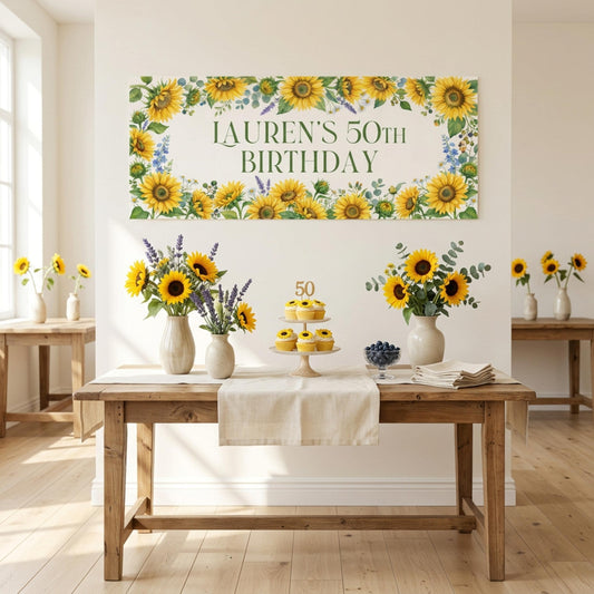 Personalised Sunflower Birthday Banner, Custom Floral Backdrop, Rustic Floral Wall Sign