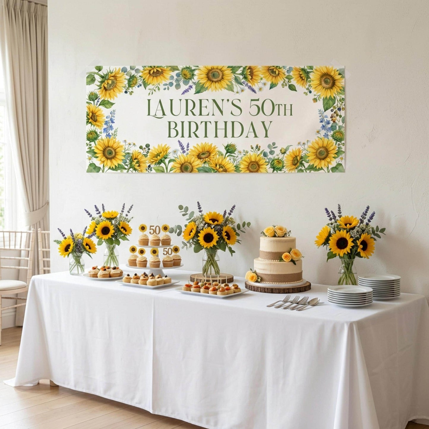 Personalised Sunflower Birthday Banner, Custom Floral Backdrop, Rustic Floral Wall Sign