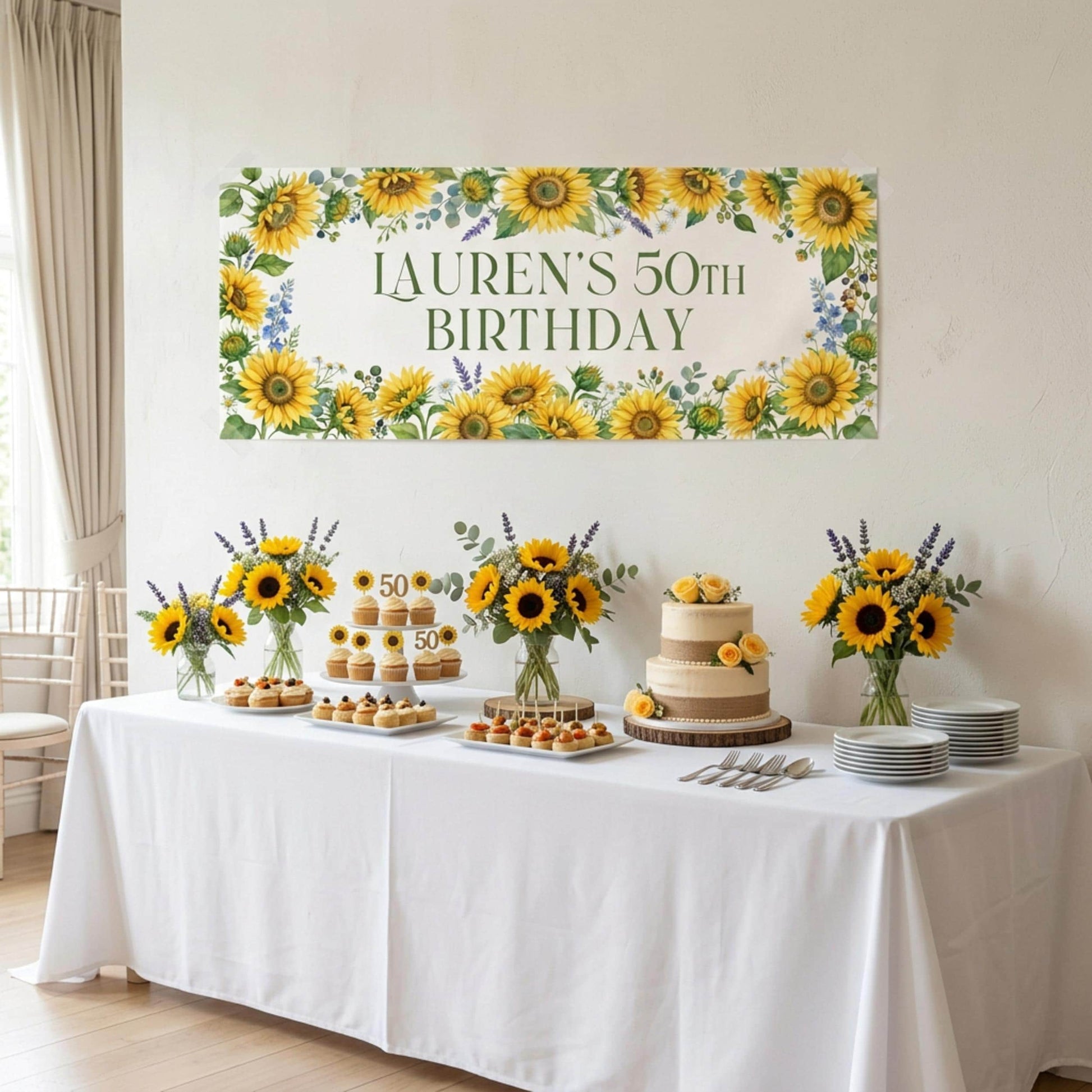 Personalised Sunflower Birthday Banner, Custom Floral Backdrop, Rustic Floral Wall Sign
