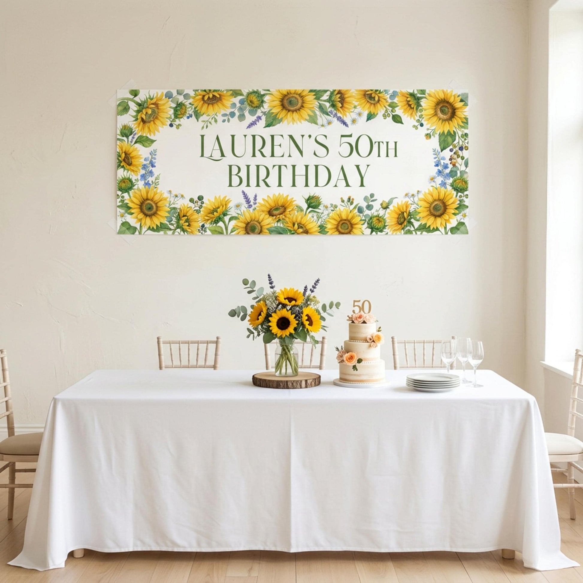 Personalised Sunflower Birthday Banner, Custom Floral Backdrop, Rustic Floral Wall Sign