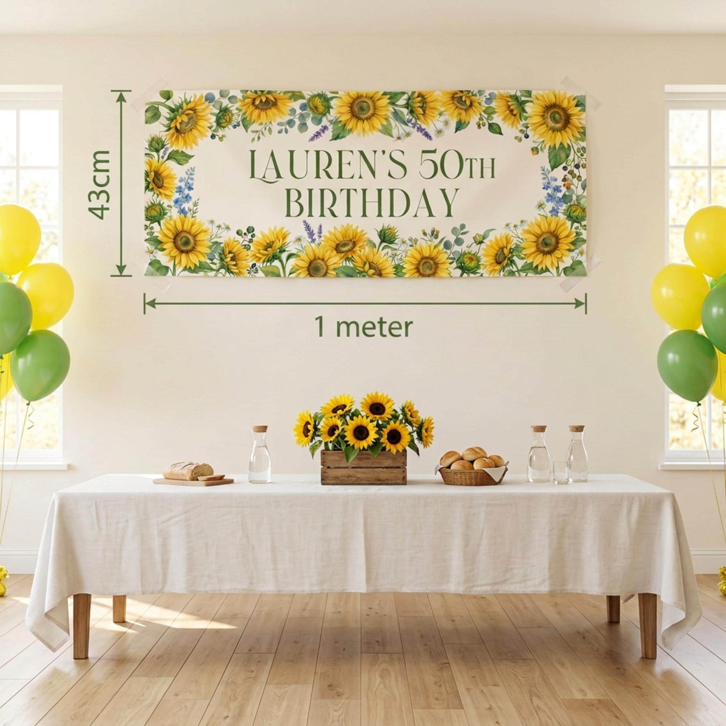Personalised Sunflower Birthday Banner, Custom Floral Backdrop, Rustic Floral Wall Sign