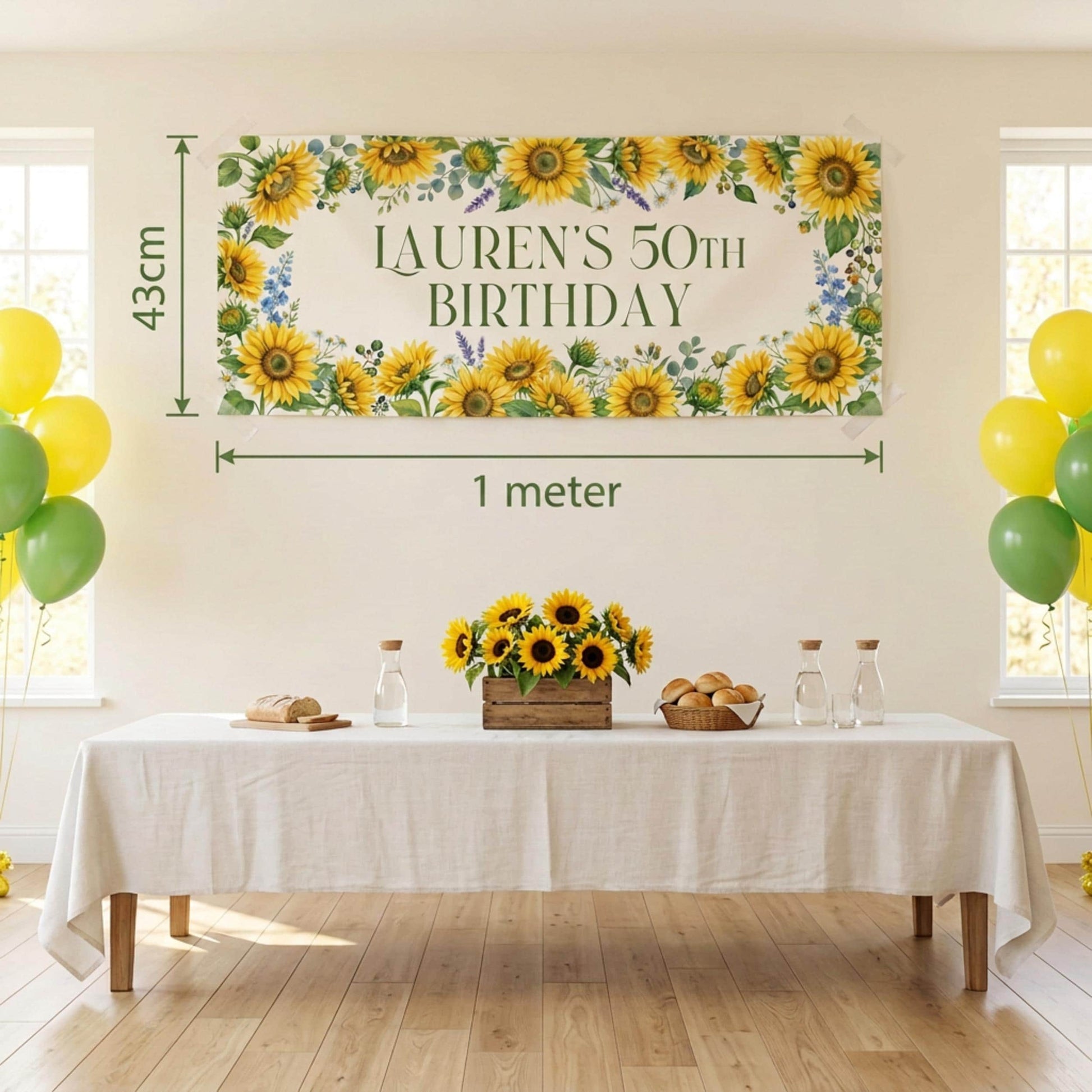 Personalised Sunflower Birthday Banner, Custom Floral Backdrop, Rustic Floral Wall Sign