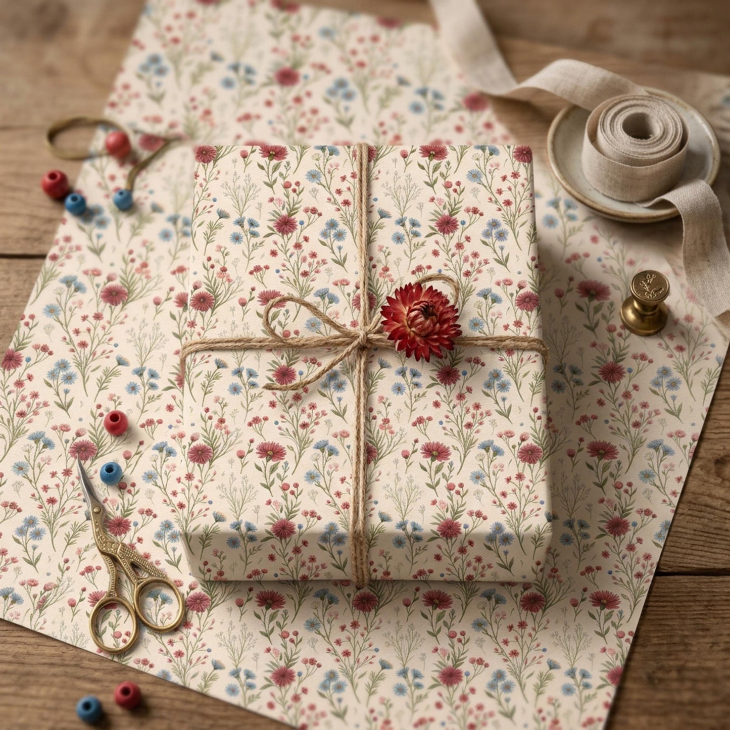Vintage Little Red and Blue Wildflower Wrapping Paper, Large Size