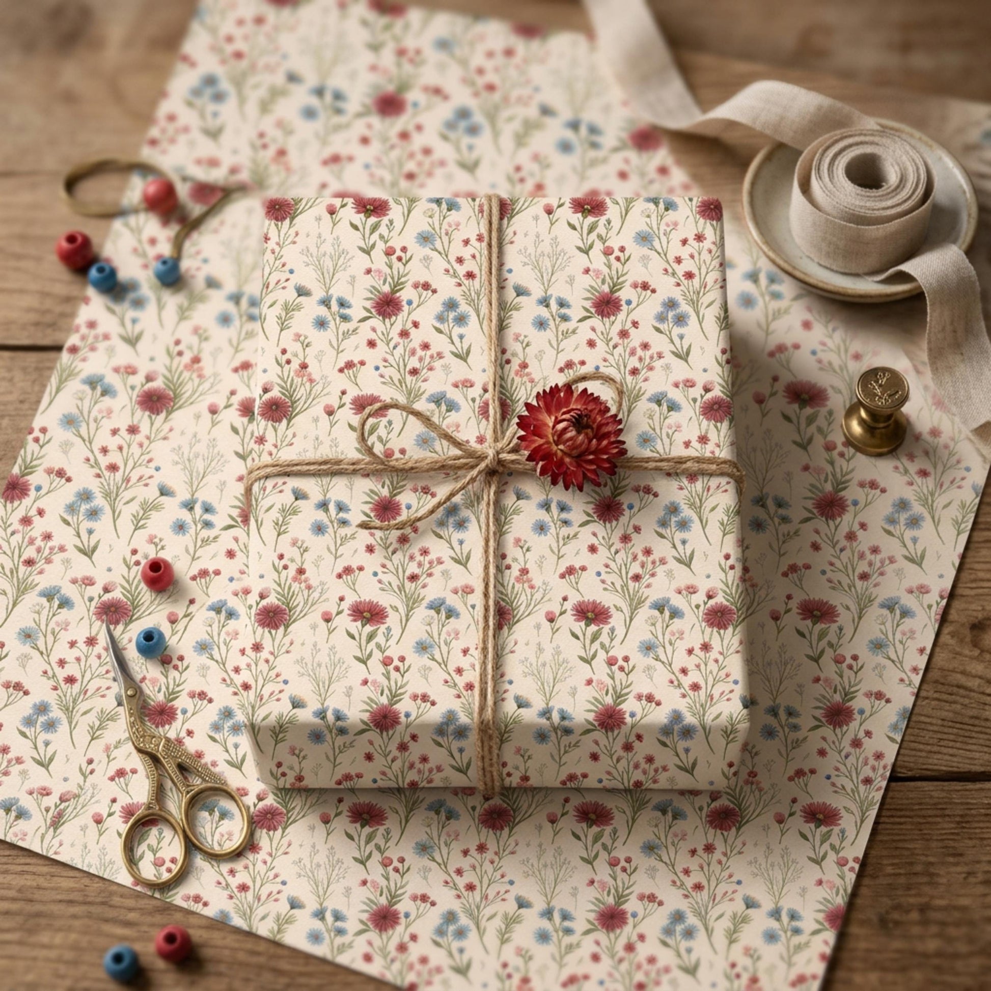 Vintage Little Red and Blue Wildflower Wrapping Paper, Large Size
