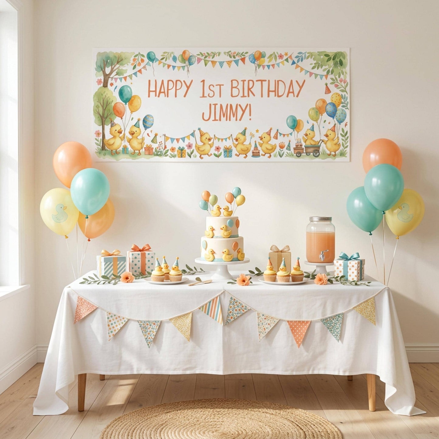 Personalised Little Ducks Birthday Banner, Duckling Party Backdrop, 1st Birthday Wall Sign Decor