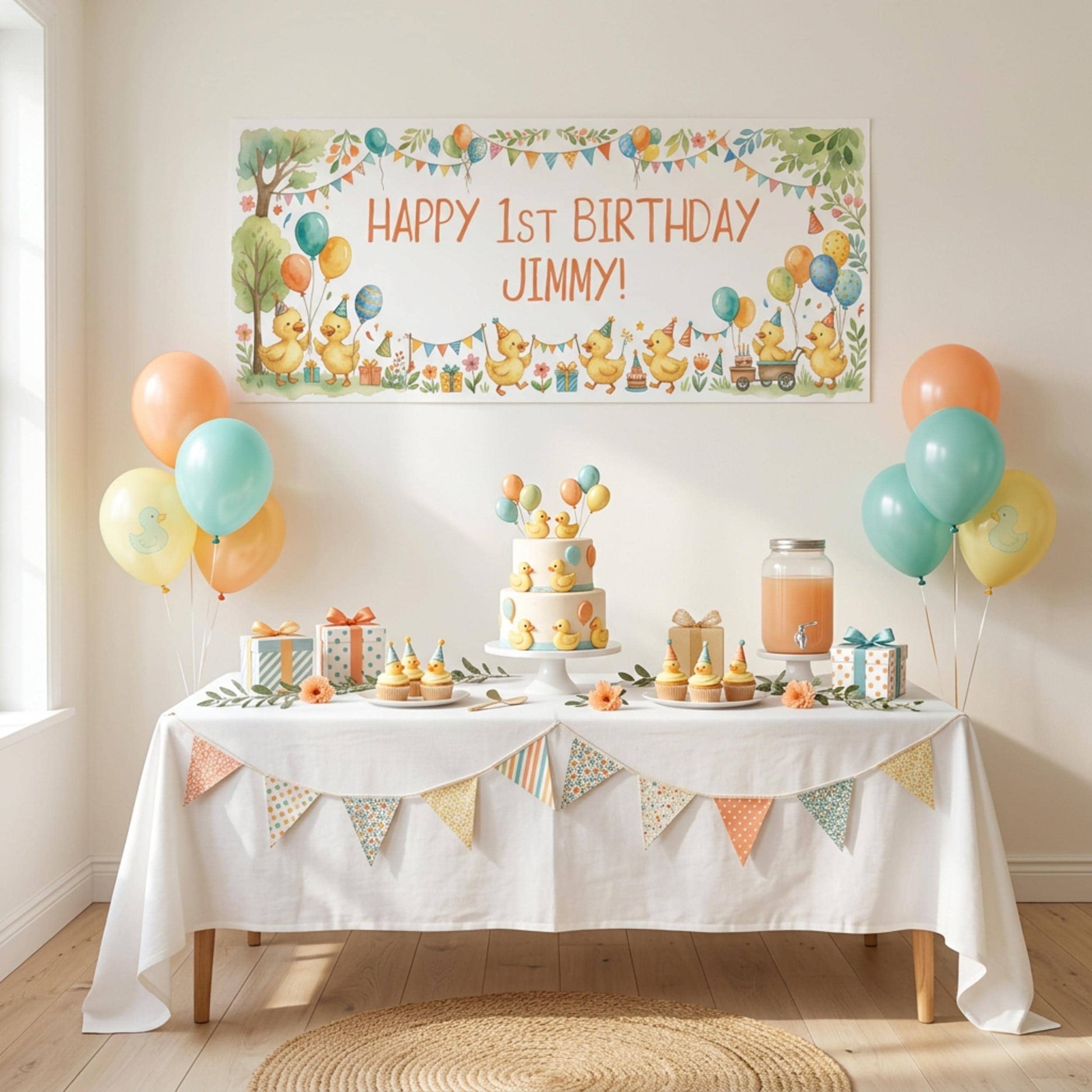 Personalised Little Ducks Birthday Banner, Duckling Party Backdrop, 1st Birthday Wall Sign Decor