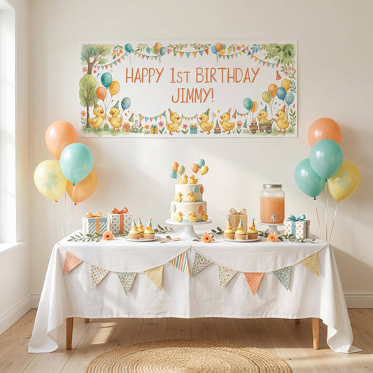 Personalised Little Ducks Birthday Banner, Duckling Party Backdrop, 1st Birthday Wall Sign Decor