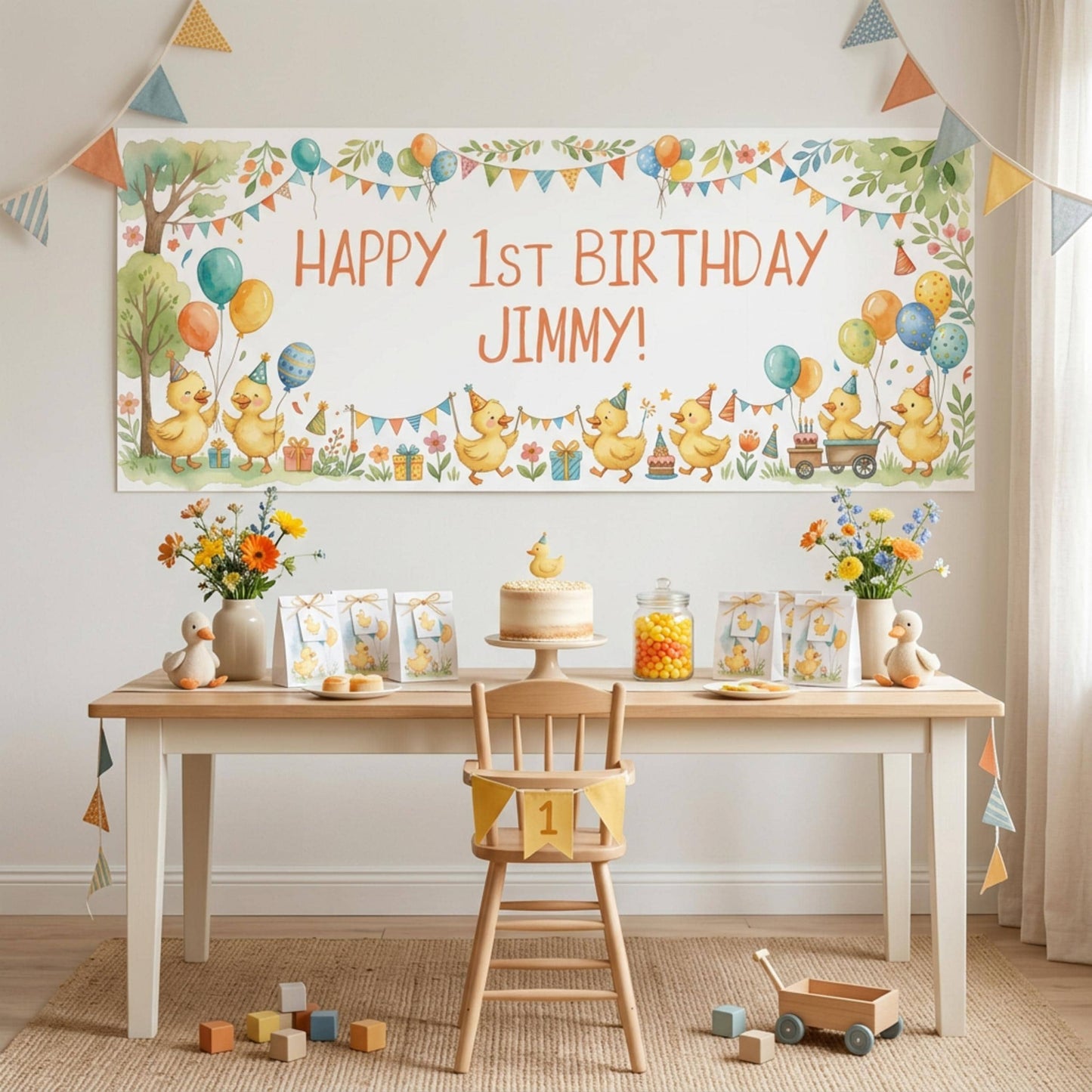 Personalised Little Ducks Birthday Banner, Duckling Party Backdrop, 1st Birthday Wall Sign Decor