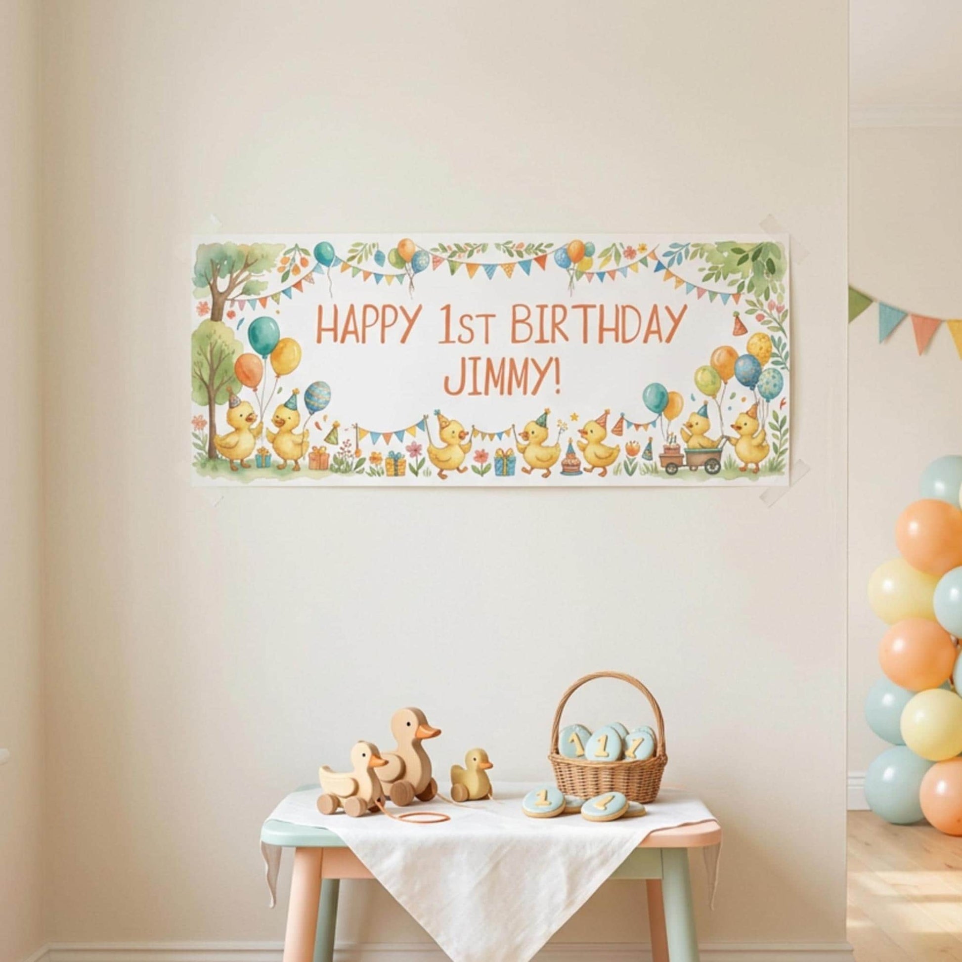 Personalised Little Ducks Birthday Banner, Duckling Party Backdrop, 1st Birthday Wall Sign Decor