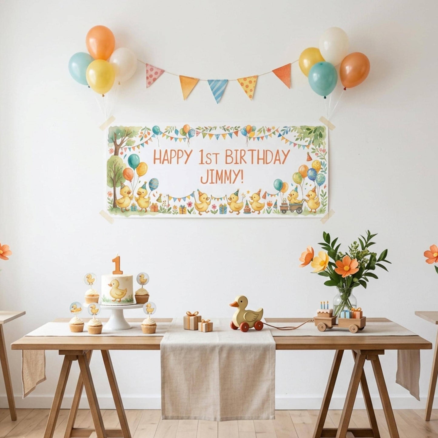 Personalised Little Ducks Birthday Banner, Duckling Party Backdrop, 1st Birthday Wall Sign Decor