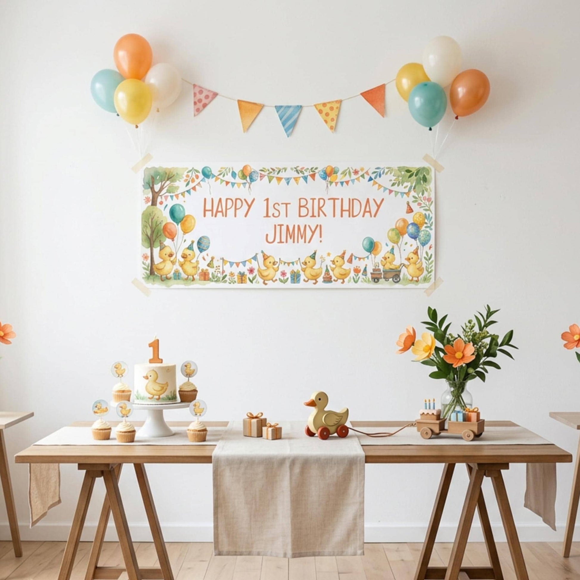 Personalised Little Ducks Birthday Banner, Duckling Party Backdrop, 1st Birthday Wall Sign Decor