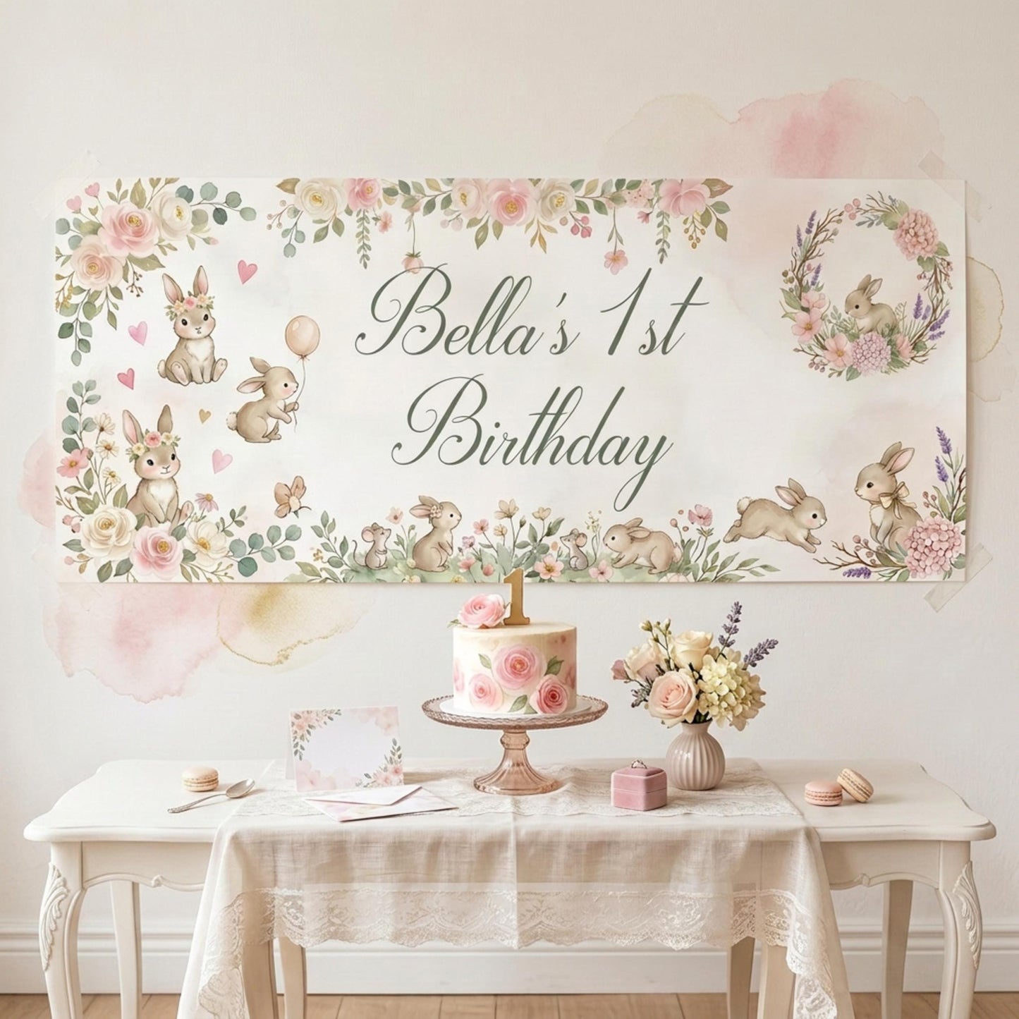 Personalised Bunny 1st Birthday Banner for Girls