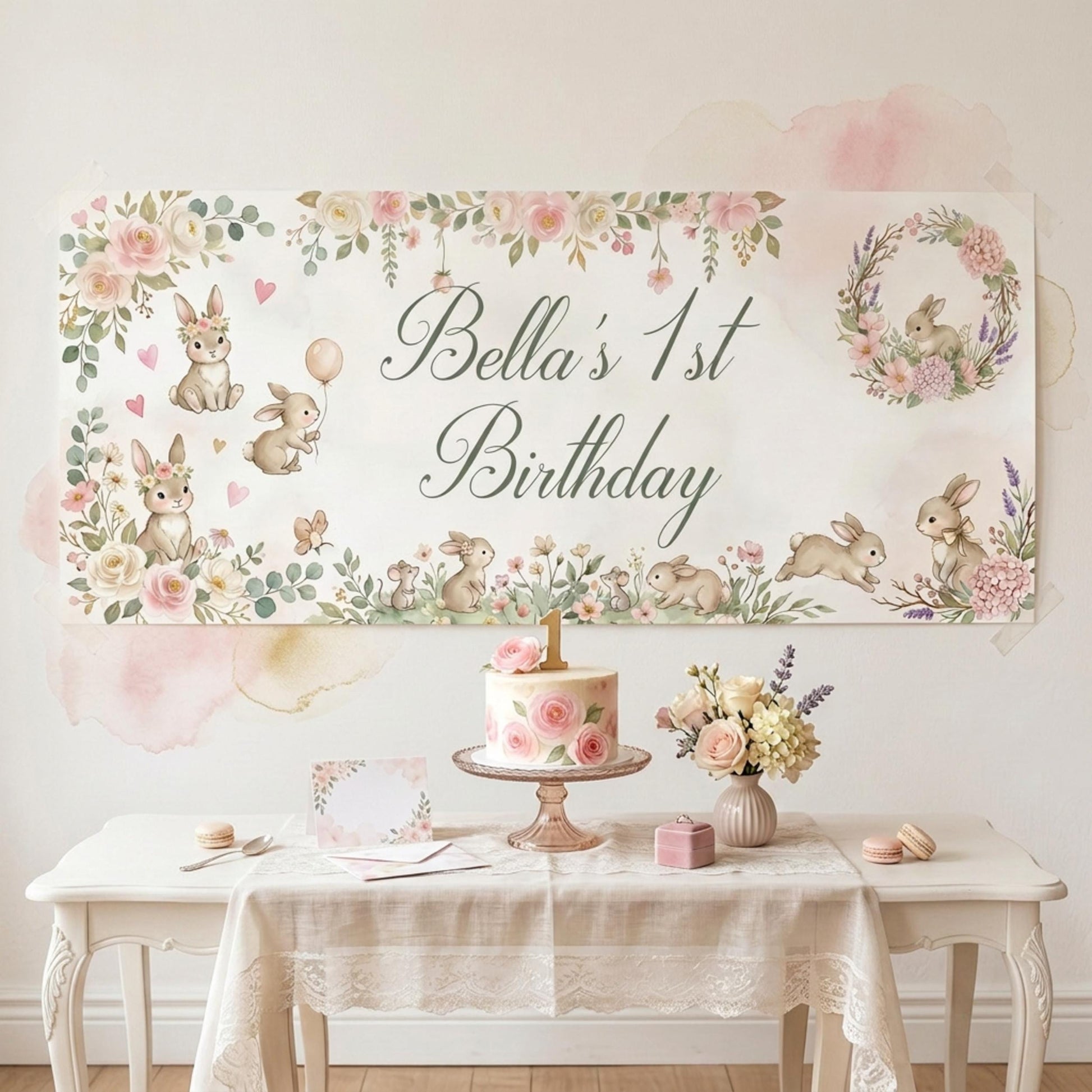 Personalised Bunny 1st Birthday Banner for Girls