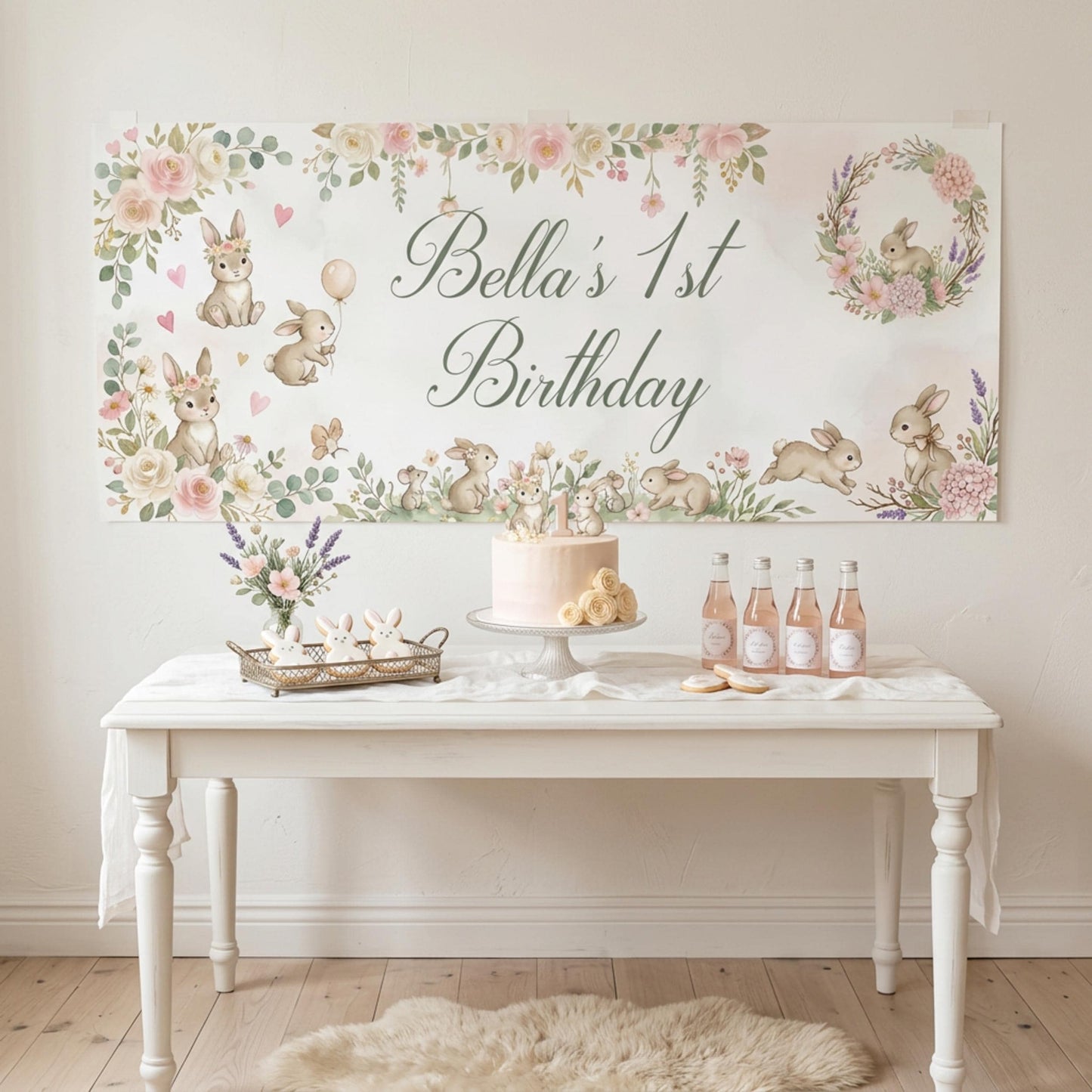 Personalised Bunny 1st Birthday Banner for Girls