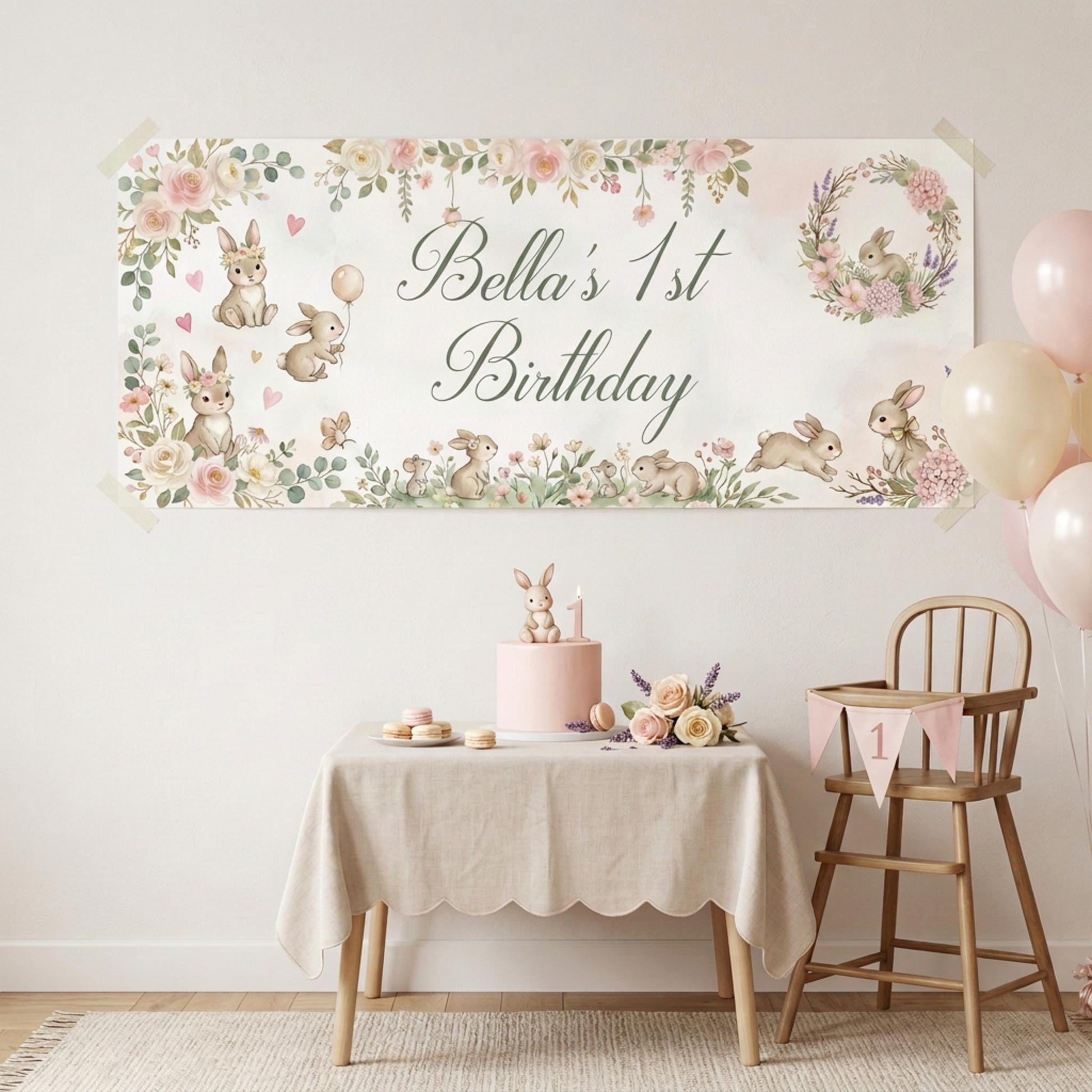 Personalised Bunny 1st Birthday Banner for Girls