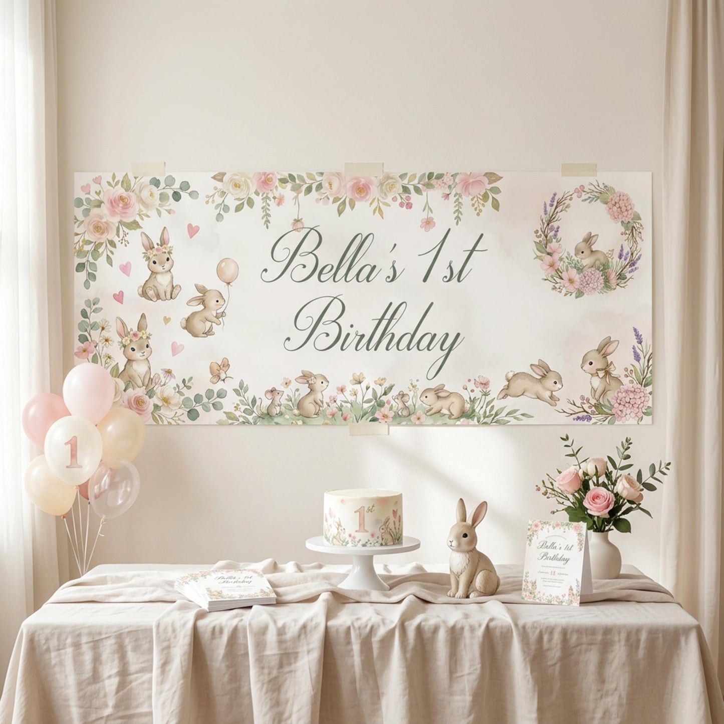 Personalised Bunny 1st Birthday Banner for Girls