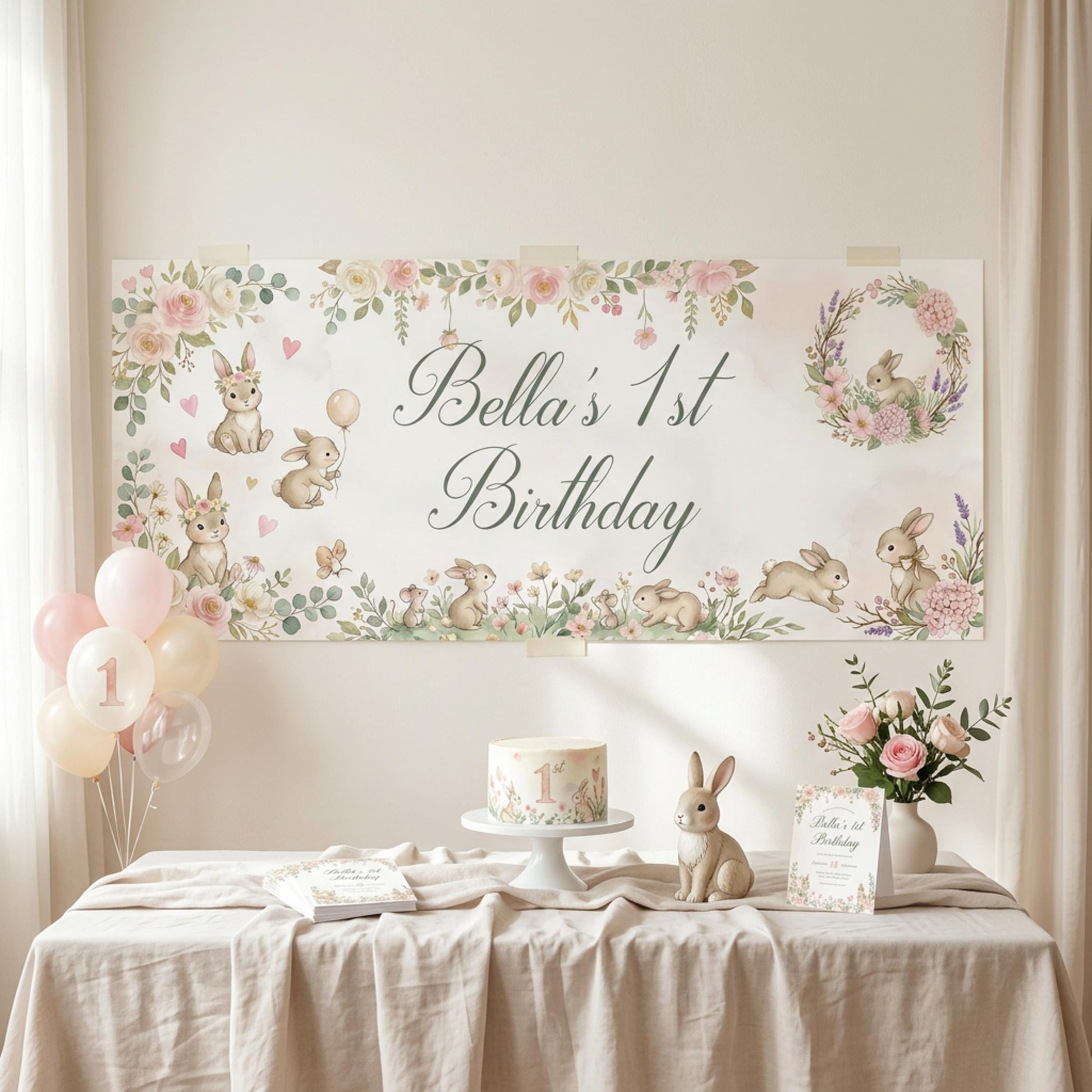 Personalised Bunny 1st Birthday Banner for Girls