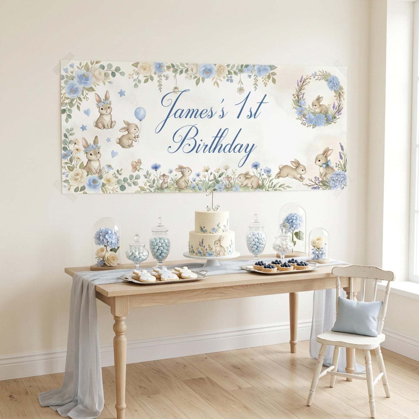 Personalised Light Blue Bunny 1st Birthday Banner for Boys