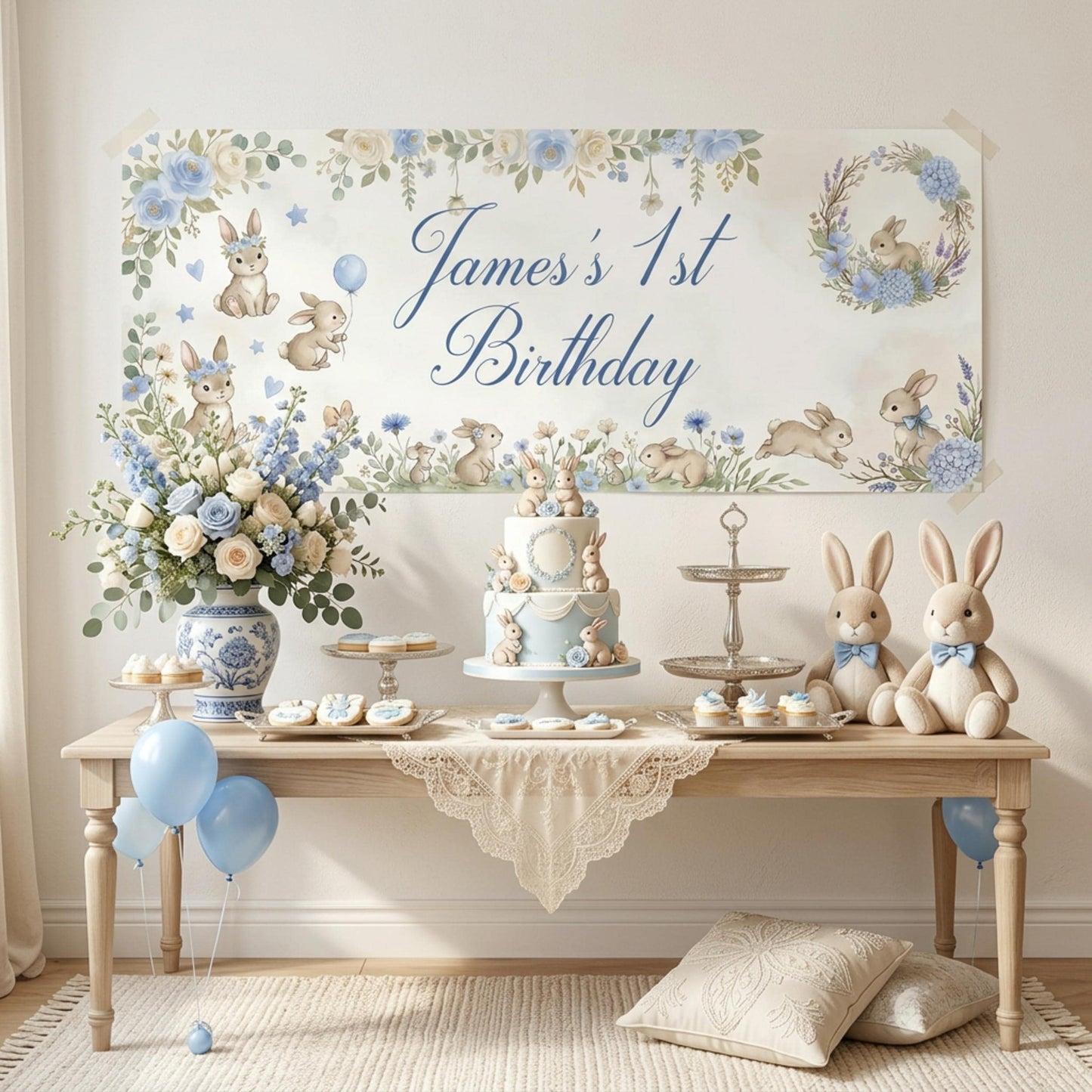 Personalised Light Blue Bunny 1st Birthday Banner for Boys