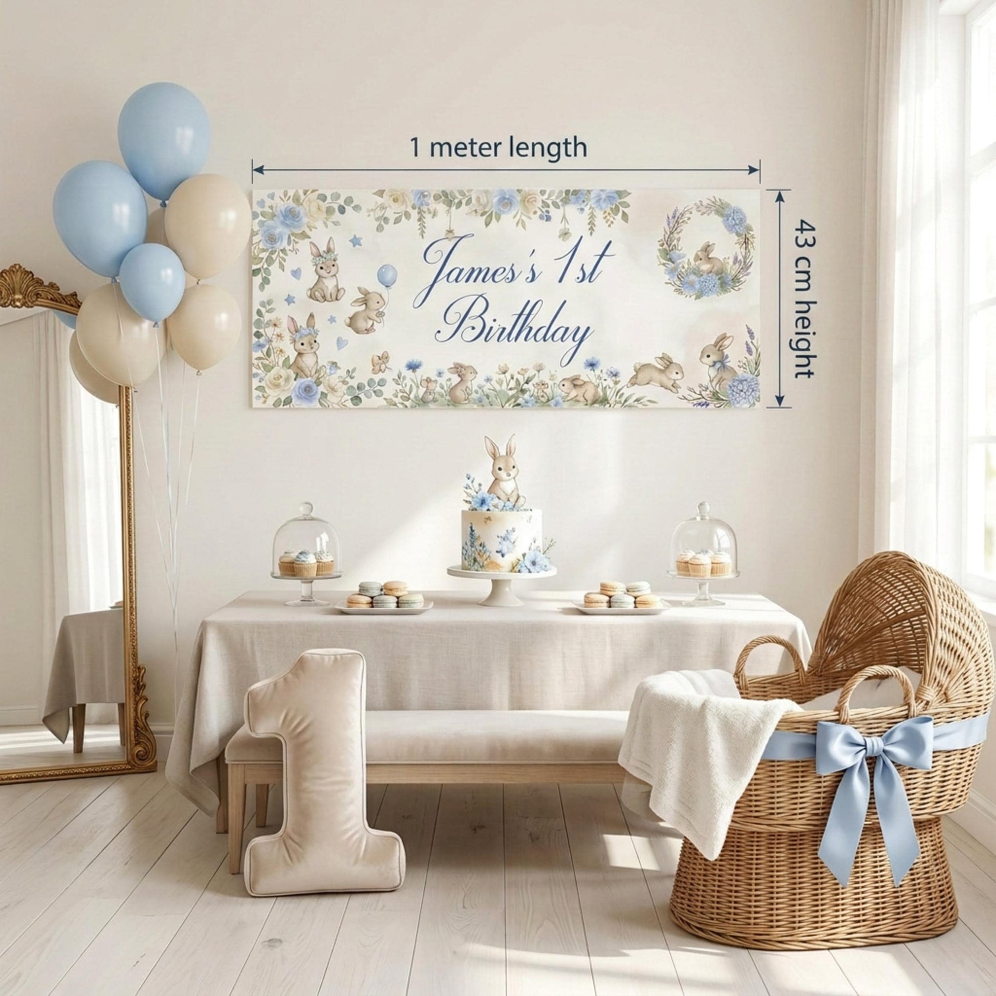 Personalised Light Blue Bunny 1st Birthday Banner for Boys
