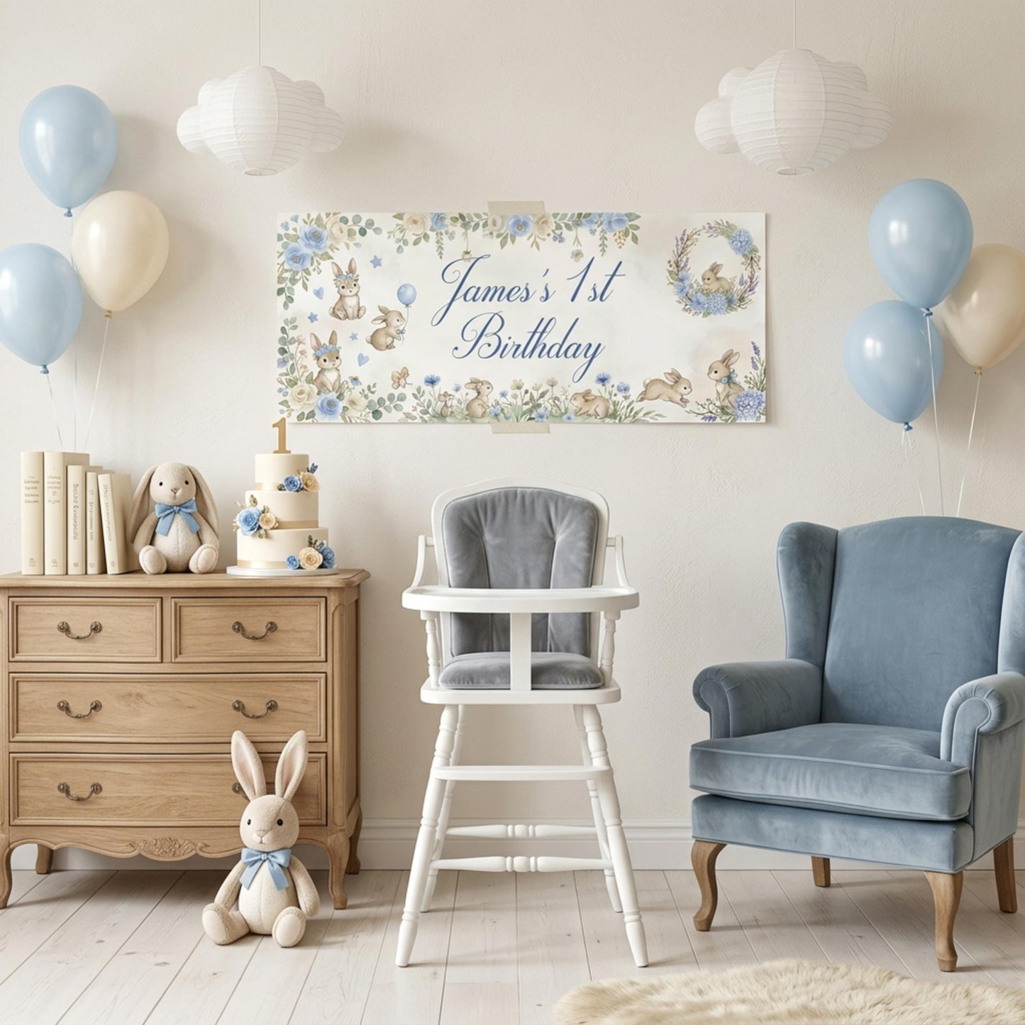 Personalised Light Blue Bunny 1st Birthday Banner for Boys