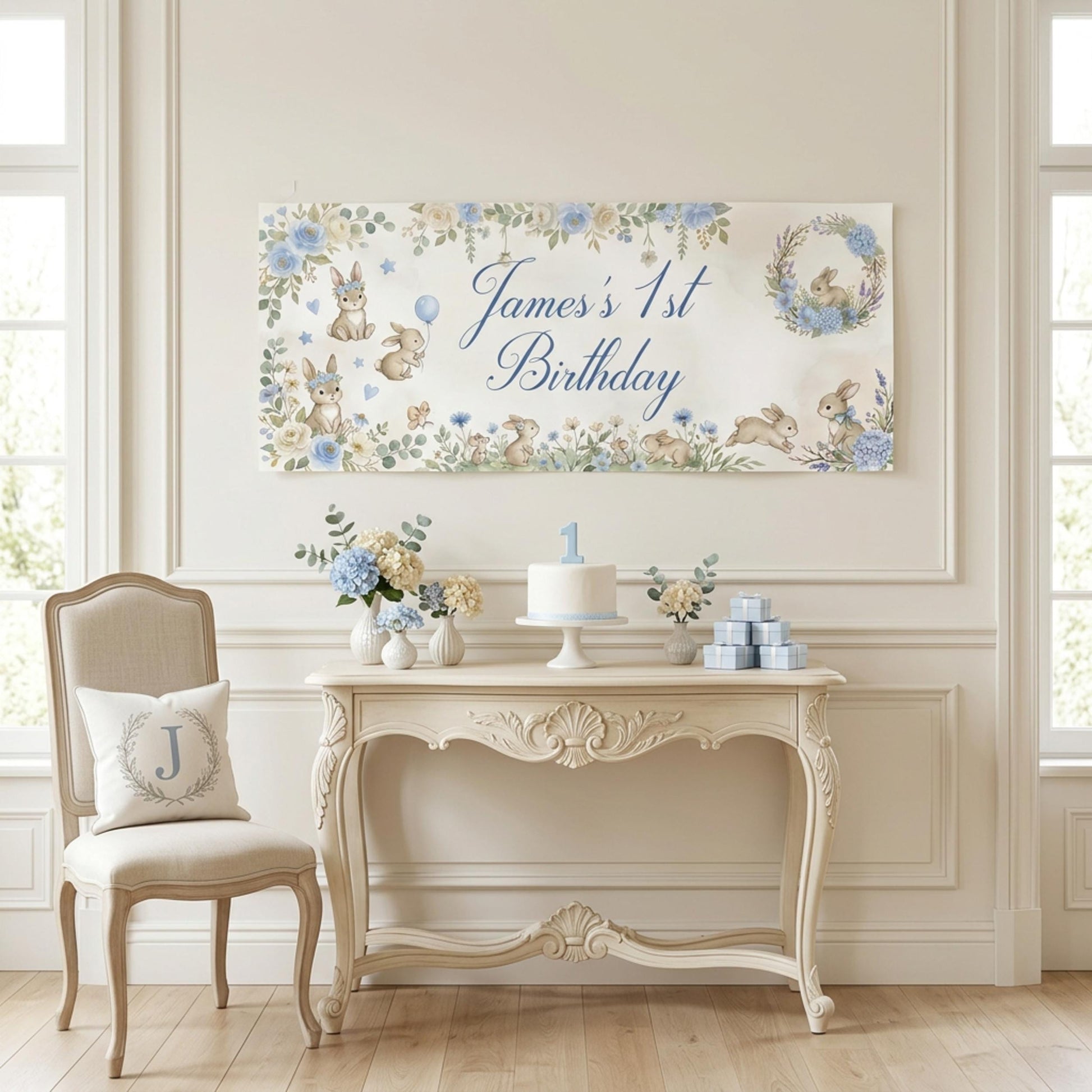 Personalised Light Blue Bunny 1st Birthday Banner for Boys