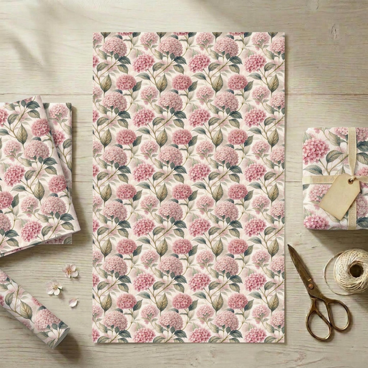 Vintage Pink Hydrangea Gift Wrap, Botanical Floral Paper Sheet, Large Size