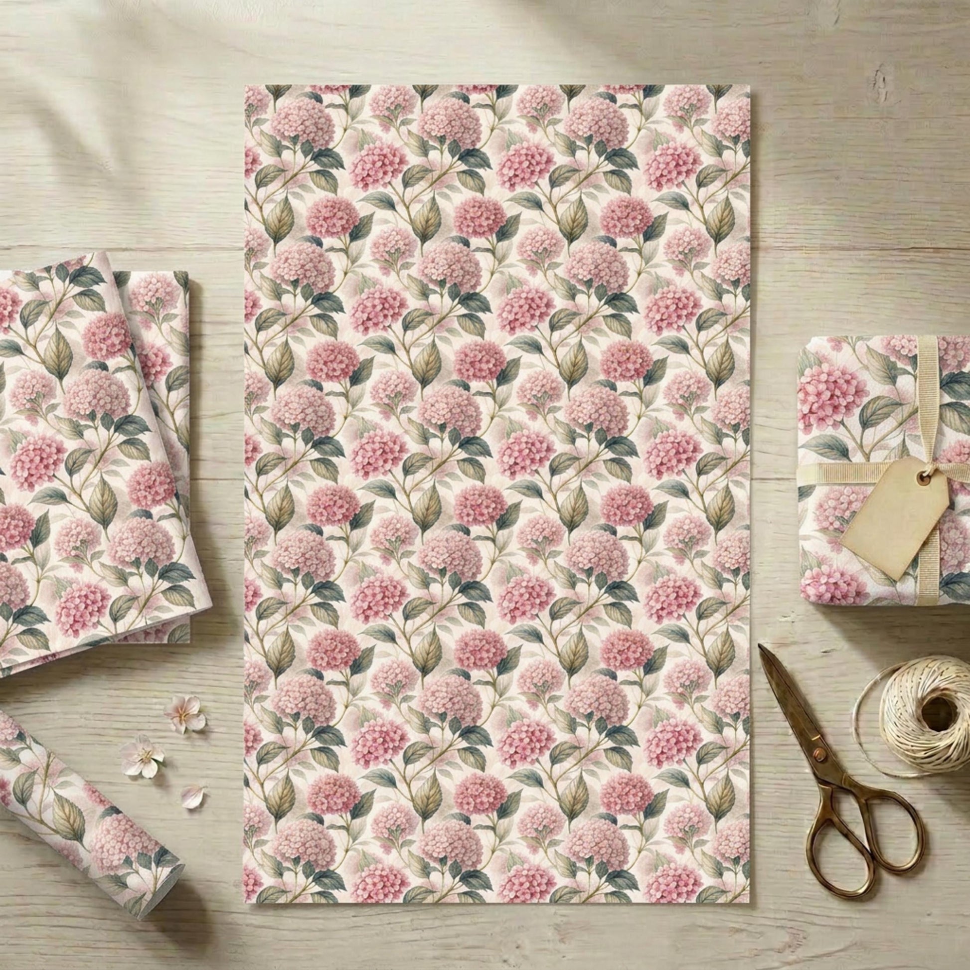 Vintage Pink Hydrangea Gift Wrap, Botanical Floral Paper Sheet, Large Size