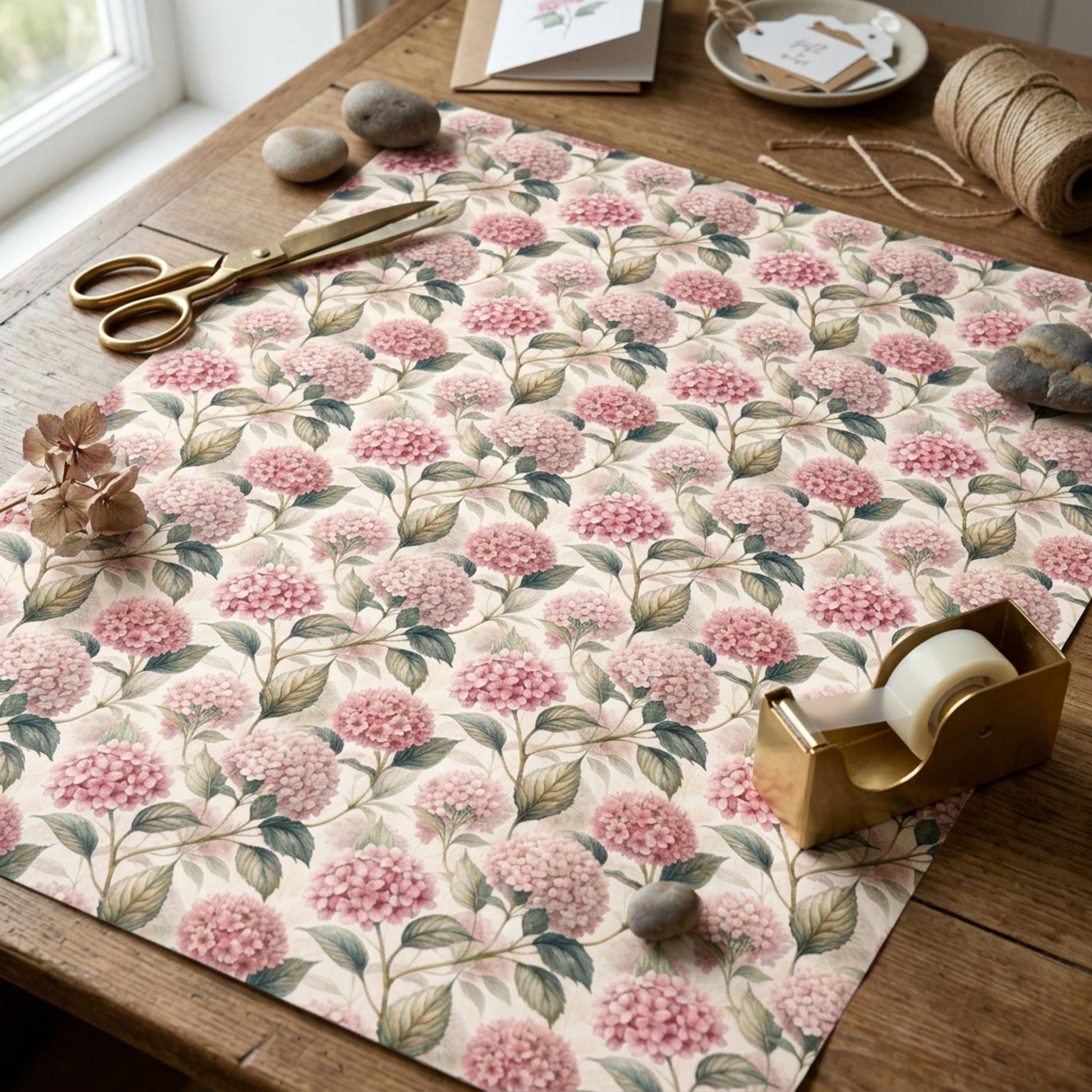 Vintage Pink Hydrangea Gift Wrap, Botanical Floral Paper Sheet, Large Size