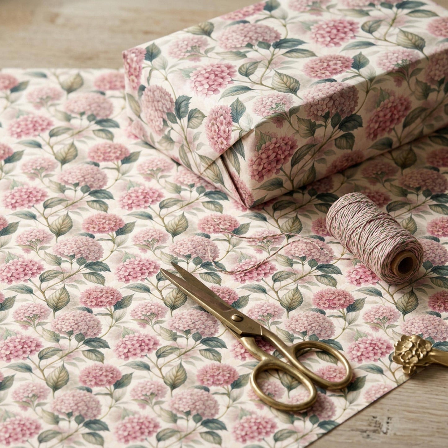 Vintage Pink Hydrangea Gift Wrap, Botanical Floral Paper Sheet, Large Size