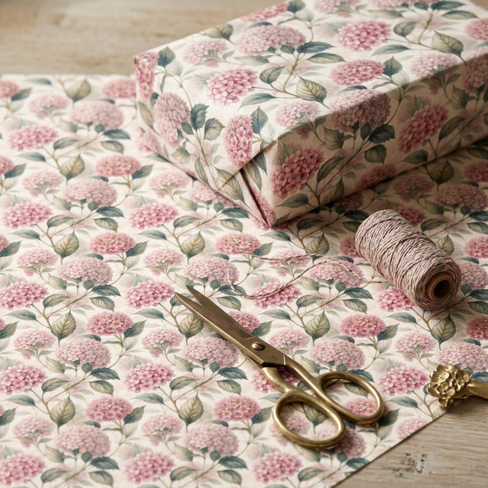 Vintage Pink Hydrangea Gift Wrap, Botanical Floral Paper Sheet, Large Size