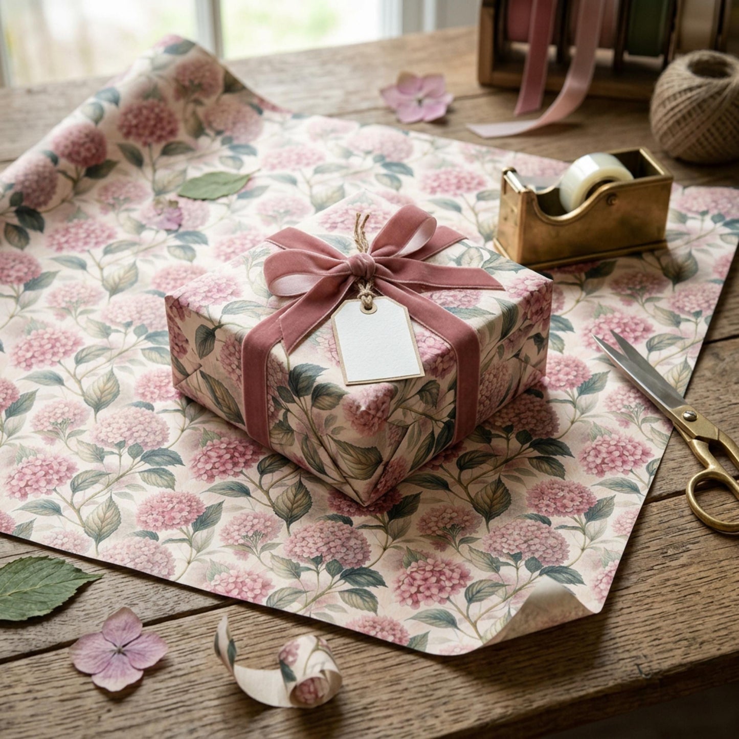 Vintage Pink Hydrangea Gift Wrap, Botanical Floral Paper Sheet, Large Size