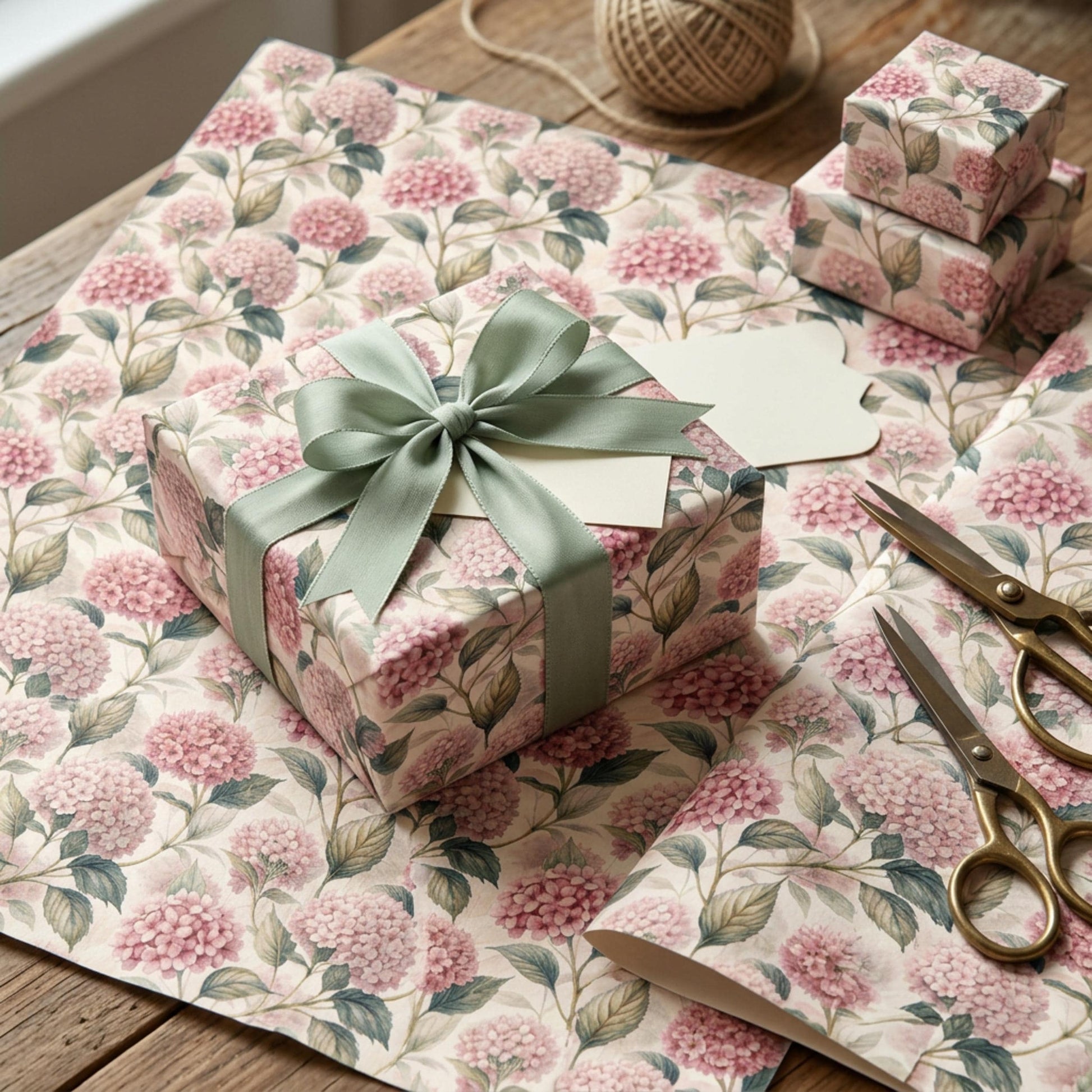 Vintage Pink Hydrangea Gift Wrap, Botanical Floral Paper Sheet, Large Size