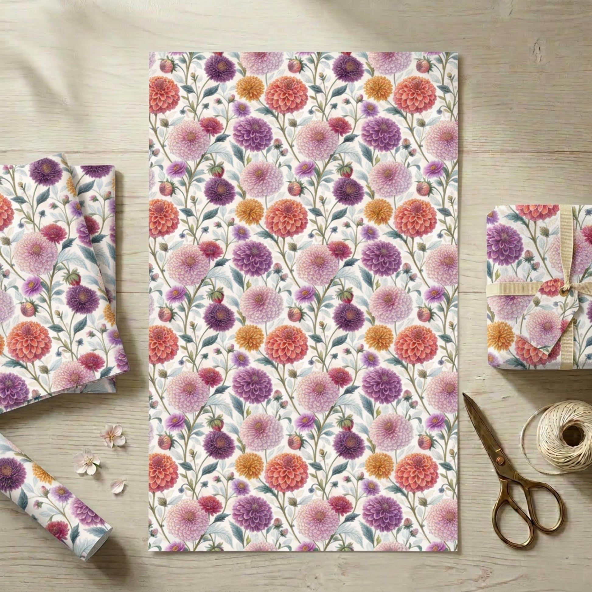 Vintage Dahlia Gift Wrap, Floral Wrapping Paper, Large size