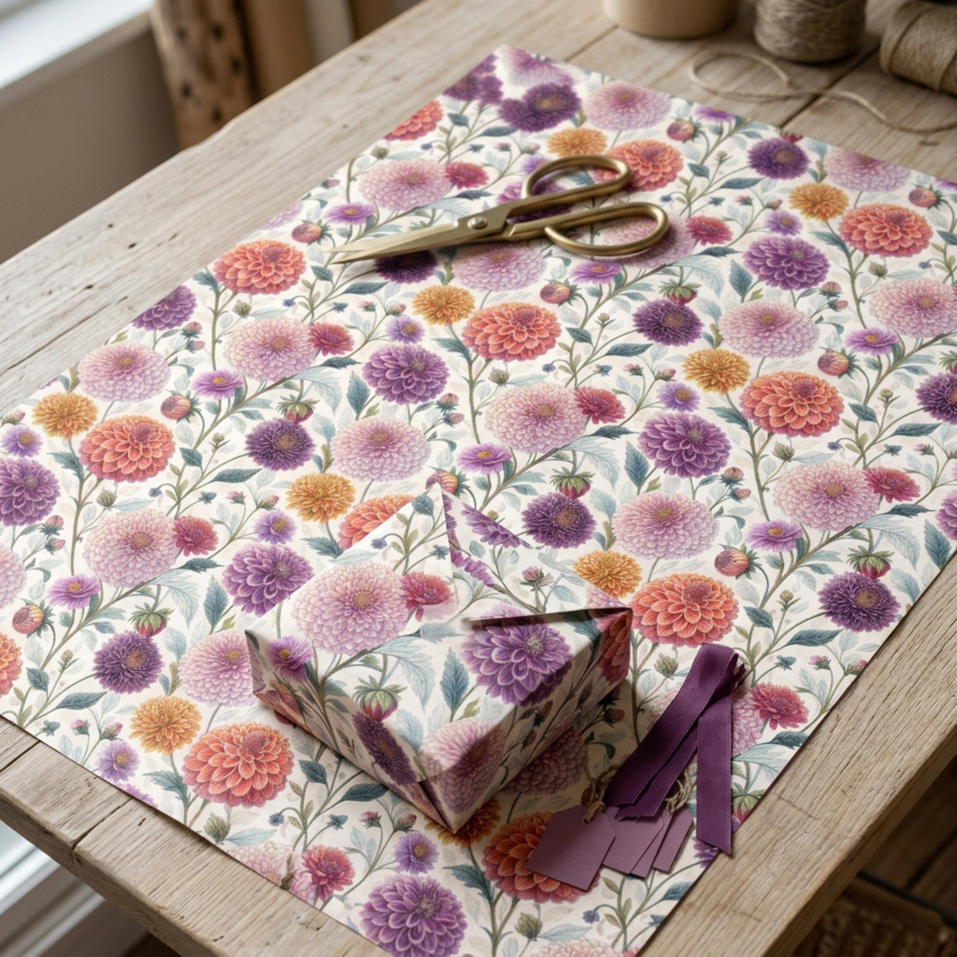 Vintage Dahlia Gift Wrap, Floral Wrapping Paper, Large size