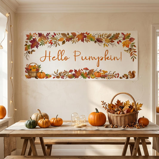 Personalised Pumpkin Birthday Banner, Autumn Floral Backdrop, Rustic Fall Wall Decor