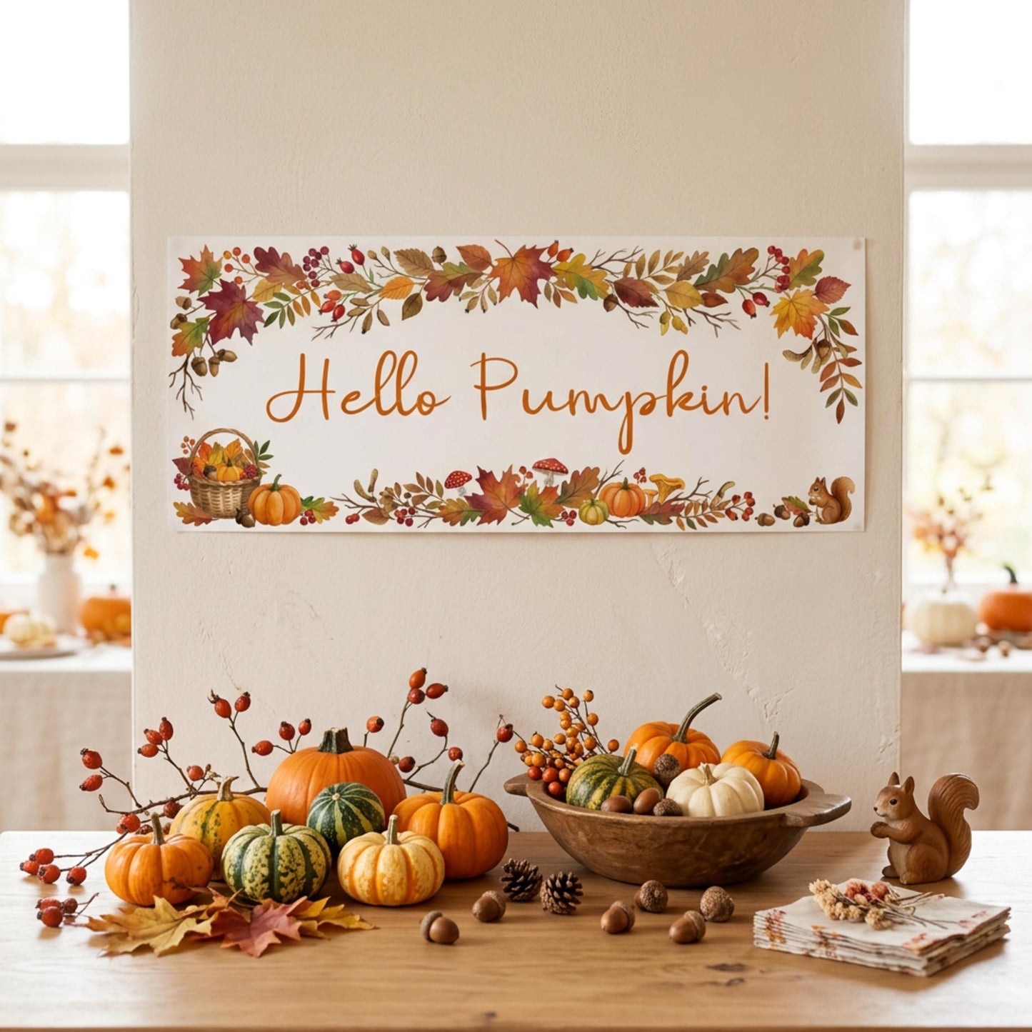 Personalised Pumpkin Birthday Banner, Autumn Floral Backdrop, Rustic Fall Wall Decor