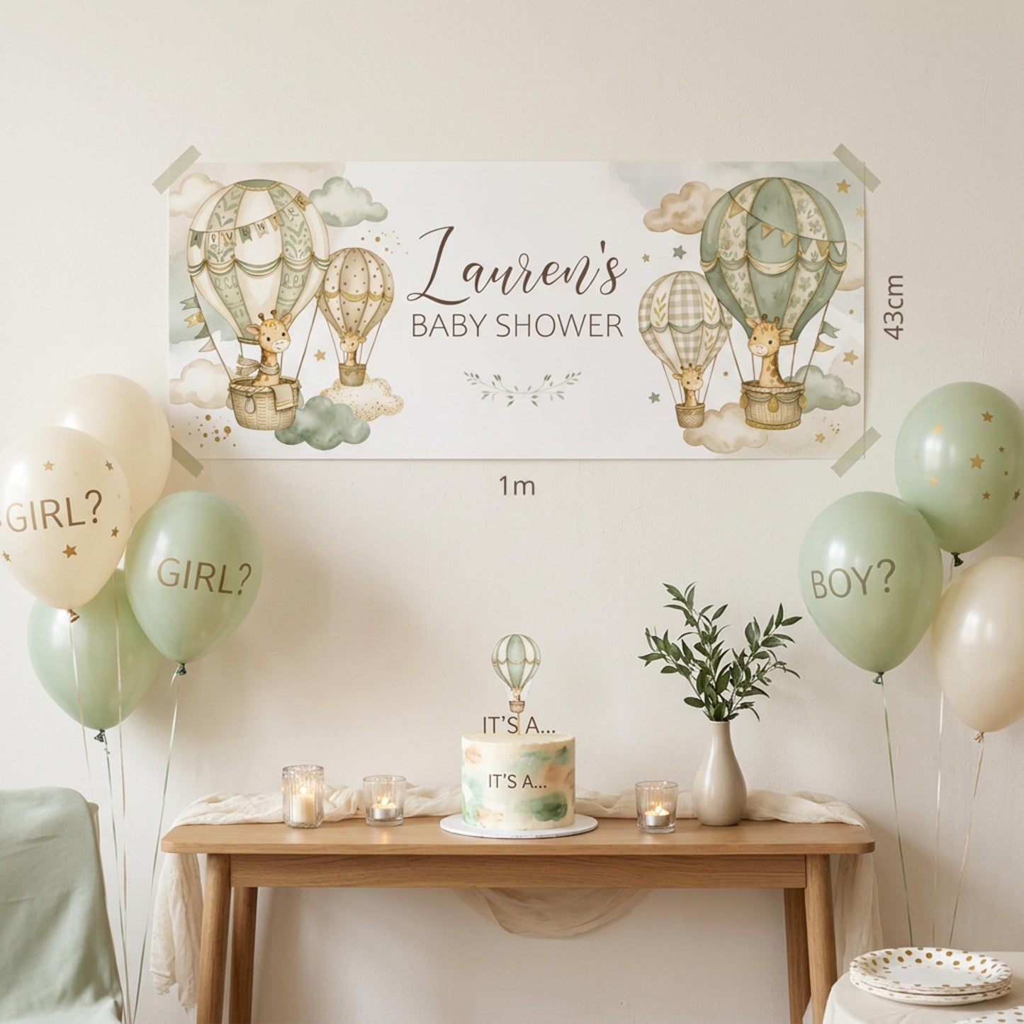 Personalised Neutral Baby Shower Banner, Giraffe & Hot Air Balloon, Gender Reveal Party Sign