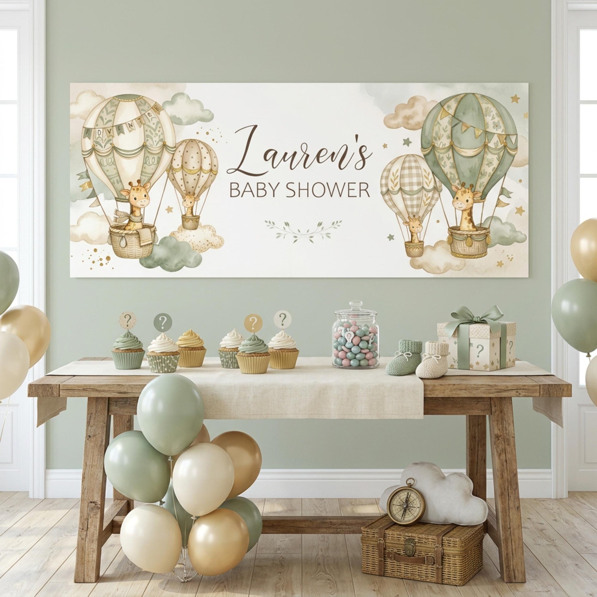 Personalised Neutral Baby Shower Banner, Giraffe & Hot Air Balloon, Gender Reveal Party Sign