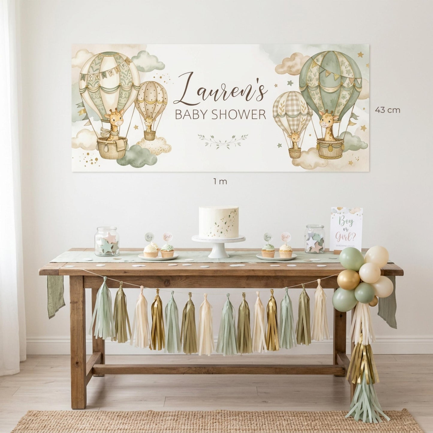 Personalised Neutral Baby Shower Banner, Giraffe & Hot Air Balloon, Gender Reveal Party Sign