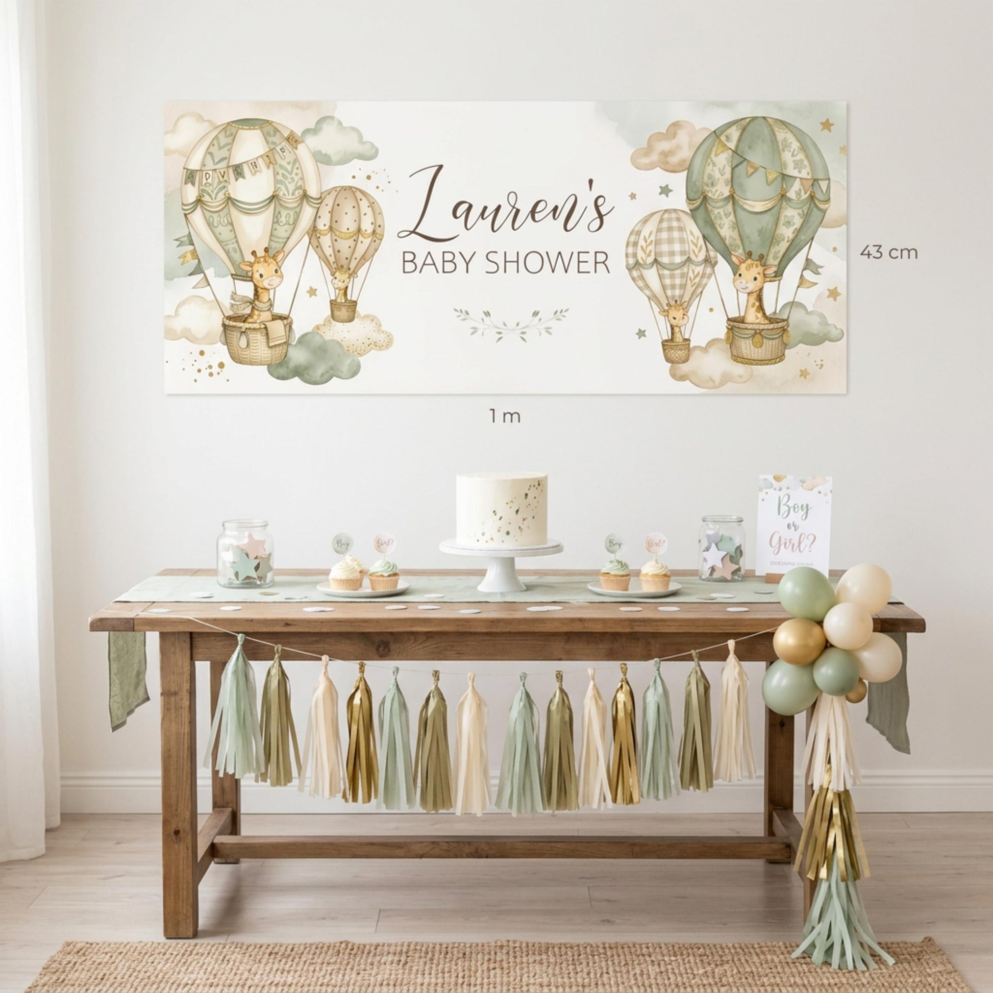 Personalised Neutral Baby Shower Banner, Giraffe & Hot Air Balloon, Gender Reveal Party Sign