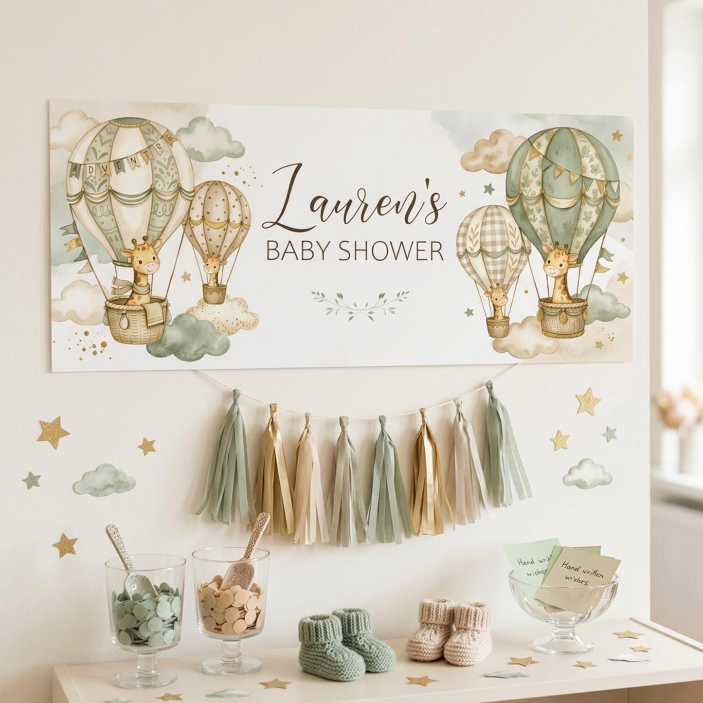 Personalised Neutral Baby Shower Banner, Giraffe & Hot Air Balloon, Gender Reveal Party Sign