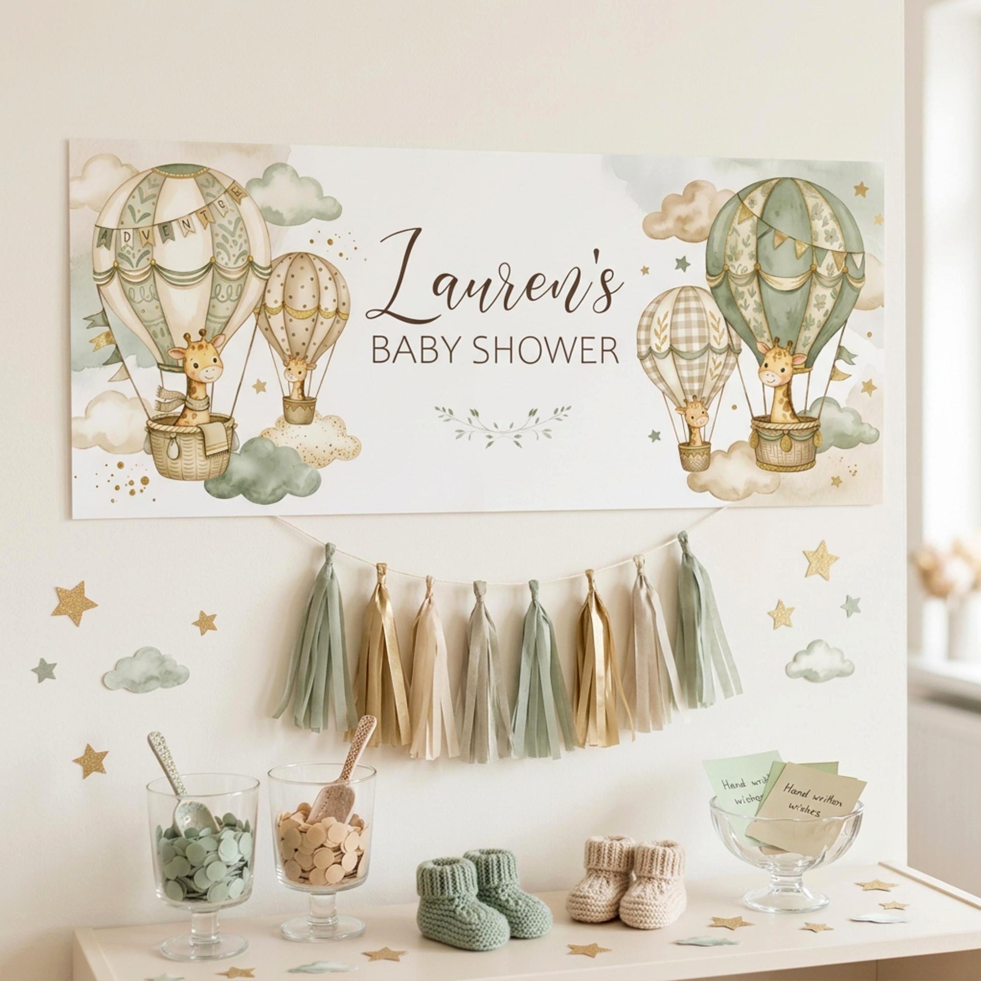 Personalised Neutral Baby Shower Banner, Giraffe & Hot Air Balloon, Gender Reveal Party Sign