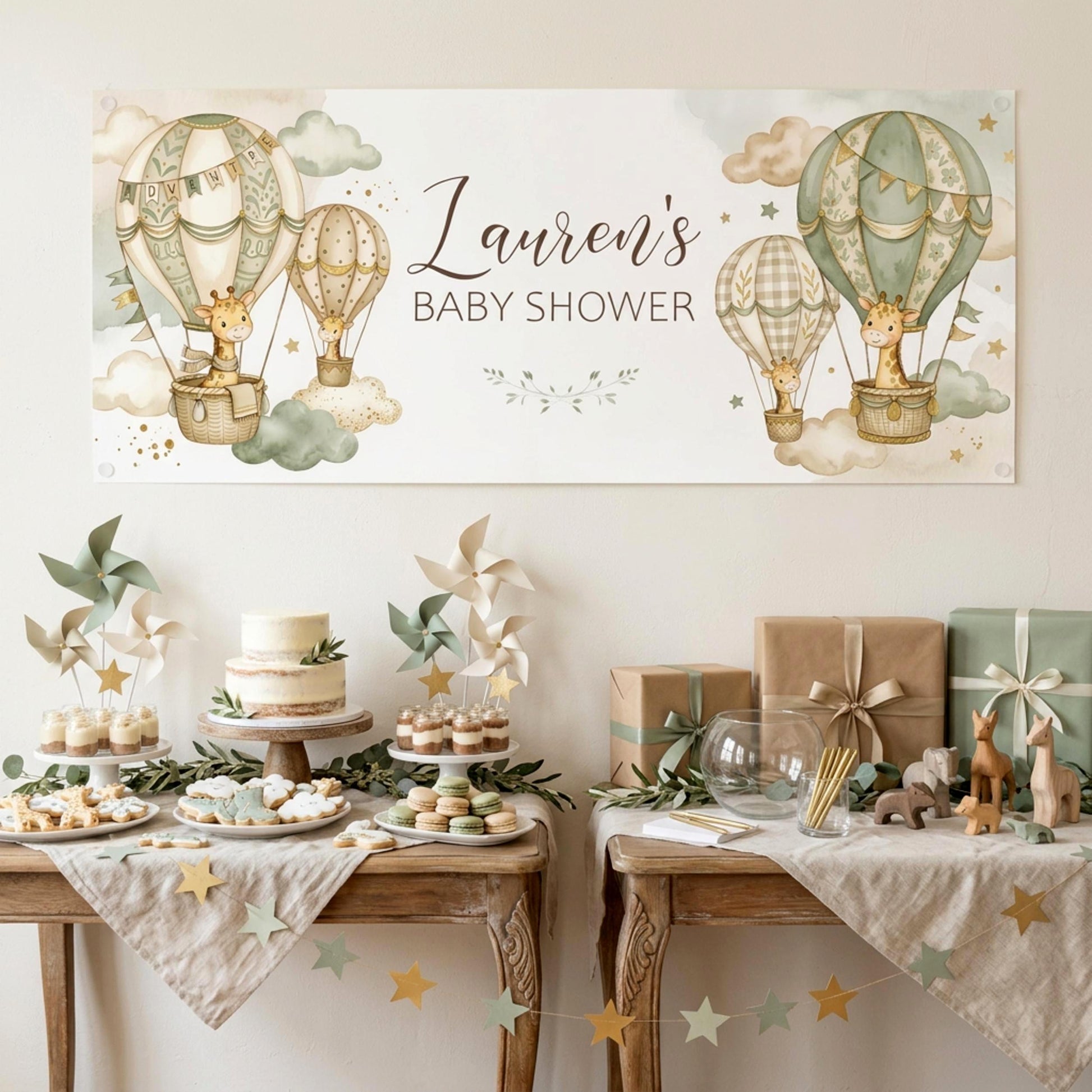 Personalised Neutral Baby Shower Banner, Giraffe & Hot Air Balloon, Gender Reveal Party Sign
